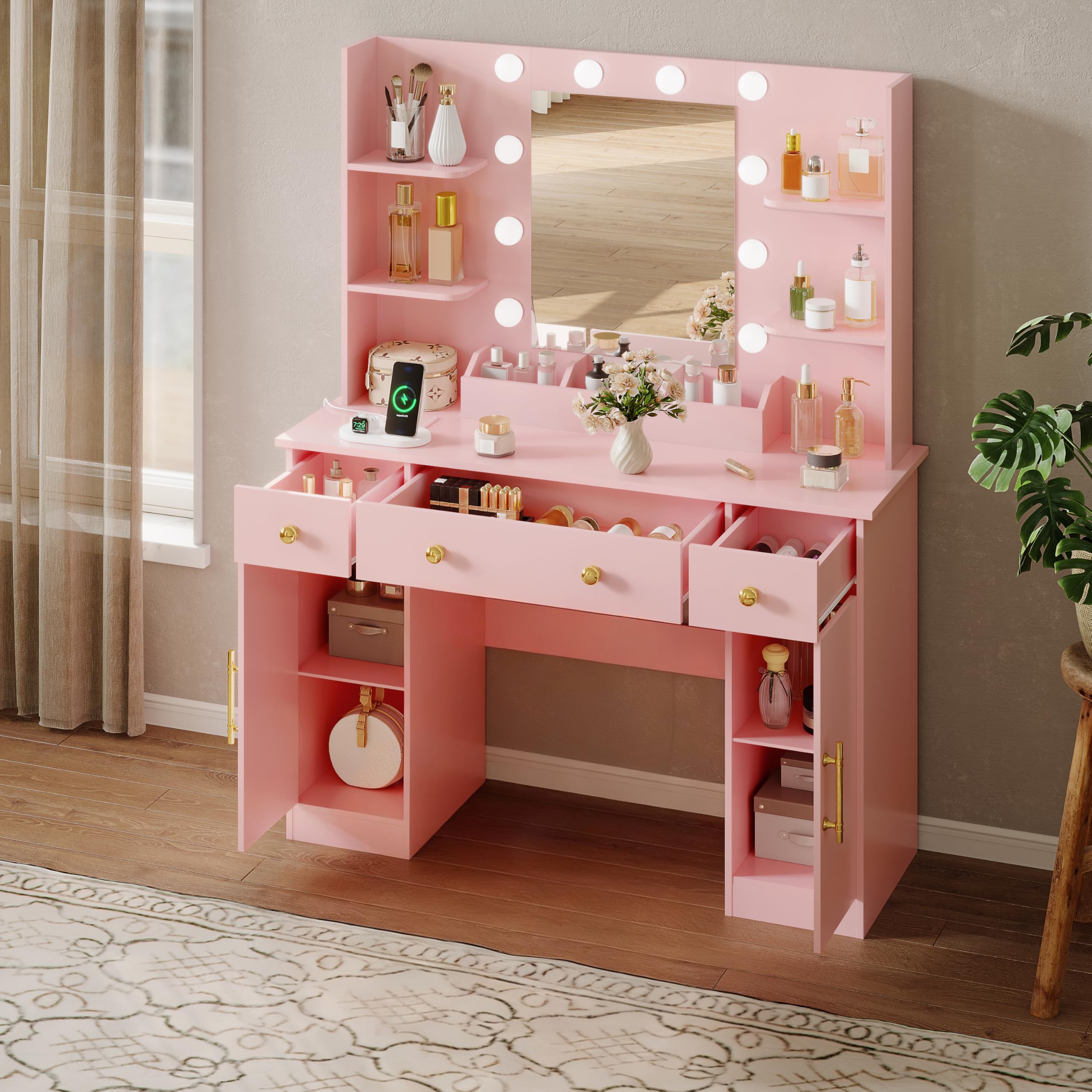 HUANLEGO Vanity Desk with Mirror and Lights, Makeup Vanity with Mirror and LED Lights & Power Outlet, 3 Drawers and Cabinets, 3 Lighting Modes Dressing Table Set for Girls Women Bedroom,Oak