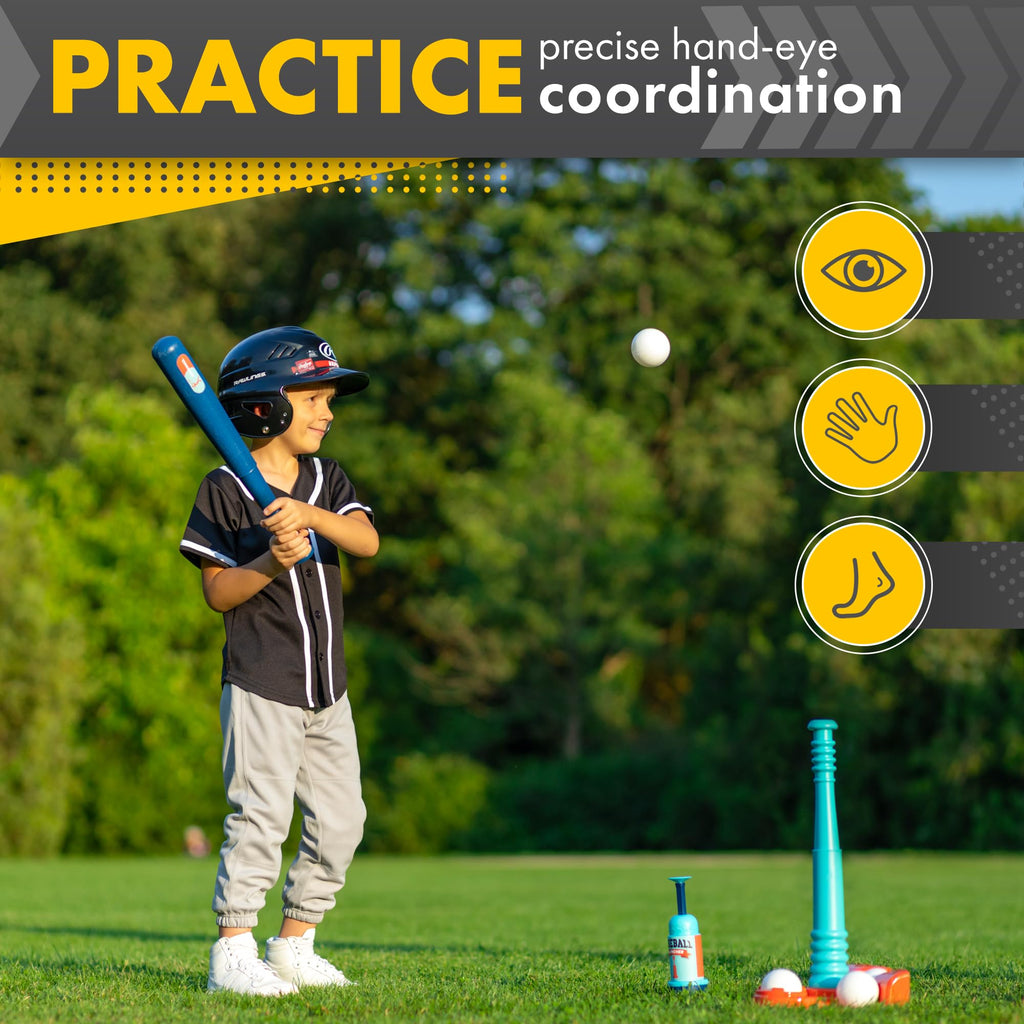 T Ball Stand for Kids and Toddlers 1-3, 3-5, 5-8. Baseball Set Includes 6 Large Balls, an Adjustable Tball Batting Tee, and a Pitching Machine. Kids Bat and Ball, T-Ball Sets for Kids