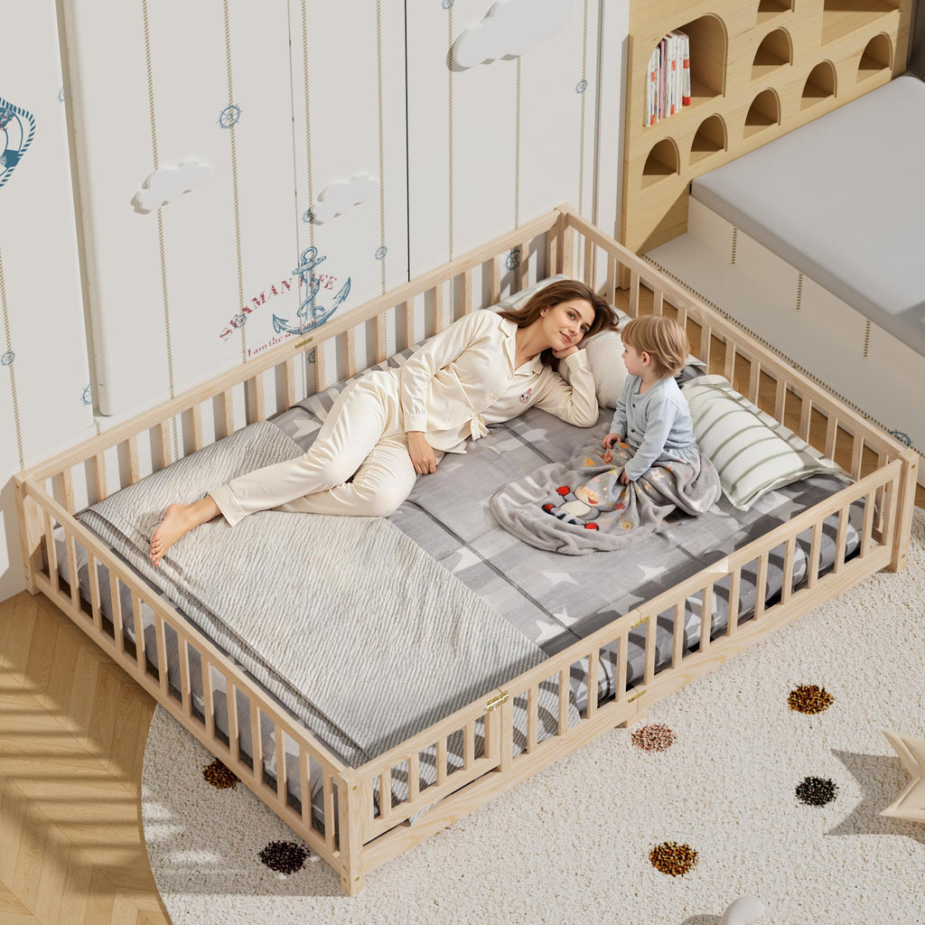 i-POOK Queen Floor Bed for Children, Sturdy Wood Montessori Bed Frame with Wood Slats, High Fence & Small Door for Girls and Boys, Espresso (with Bed Slats)