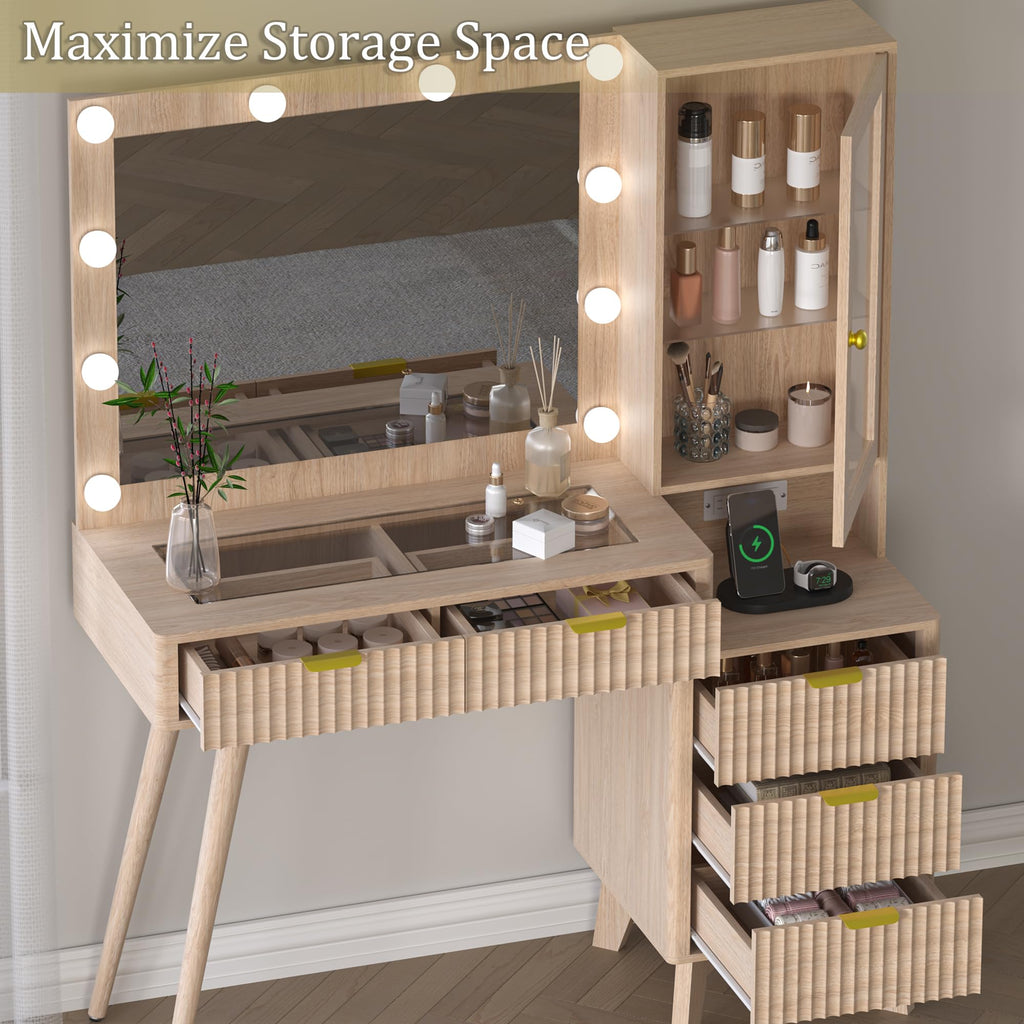 BORNOON 45” Fluted Makeup Vanity Desk with Mirror and Lights, Glass Top Dressing Table with 5 Drawers, LED Lighted Adjustable Cabinet, Trays & Charging Station for Bedroom Dressing Room