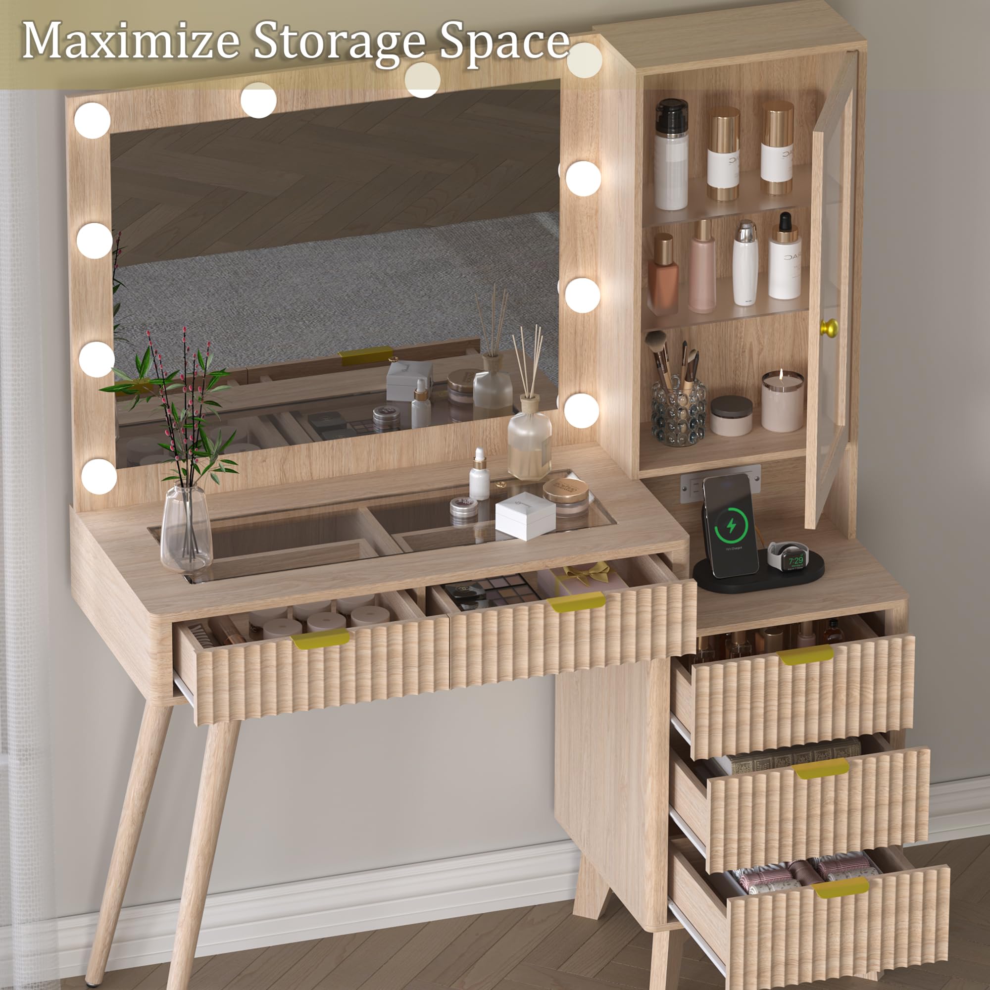 BORNOON 45” Fluted Makeup Vanity Desk with Mirror and Lights, Glass Top Dressing Table with 5 Drawers, LED Lighted Adjustable Cabinet, Trays & Charging Station for Bedroom Dressing Room