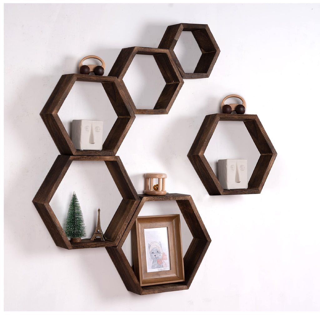 WONFUlity Hexagon Shelves for Wall Mounted, Wood Farmhouse Storage Honeycomb Floating Shelves for Wall Decor,Screws Anchors Included,5pc