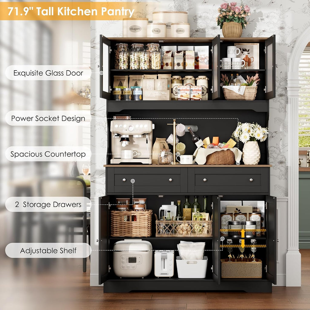 FACBOTALL 71.9" Kitchen Pantry Cabinet, Tall Storage Cabinet, Kitchen Hutch with Countertop and Outlets, Farmhouse Tall Pantry Storage with Doors and Shelves, Black