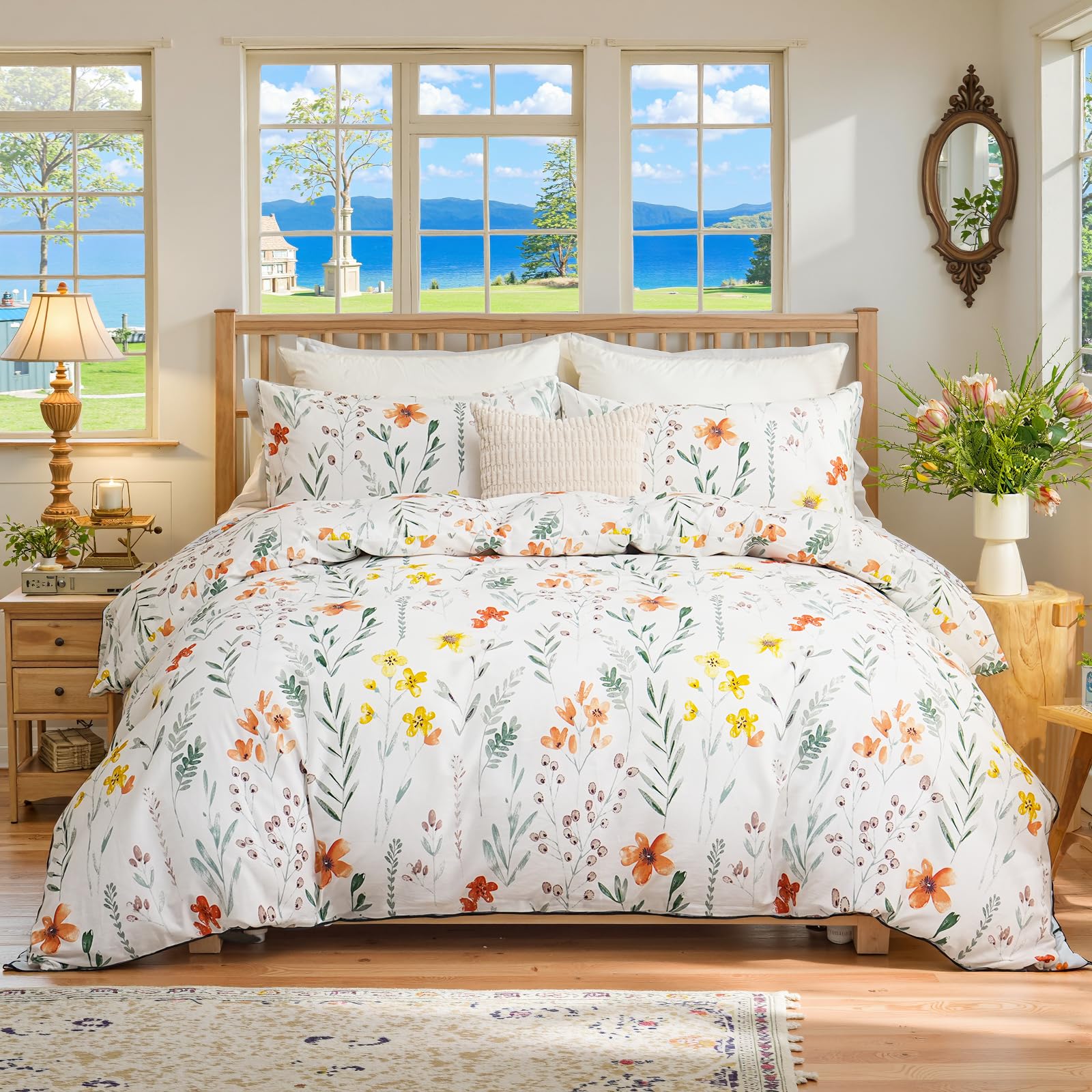 100% Natural Cotton Comforter Set Queen 3 Pcs Grayish Blue Bedding Sets with Luxurious Damask Pattern, Reversible Breathable Soft Comforter Sets for All Season