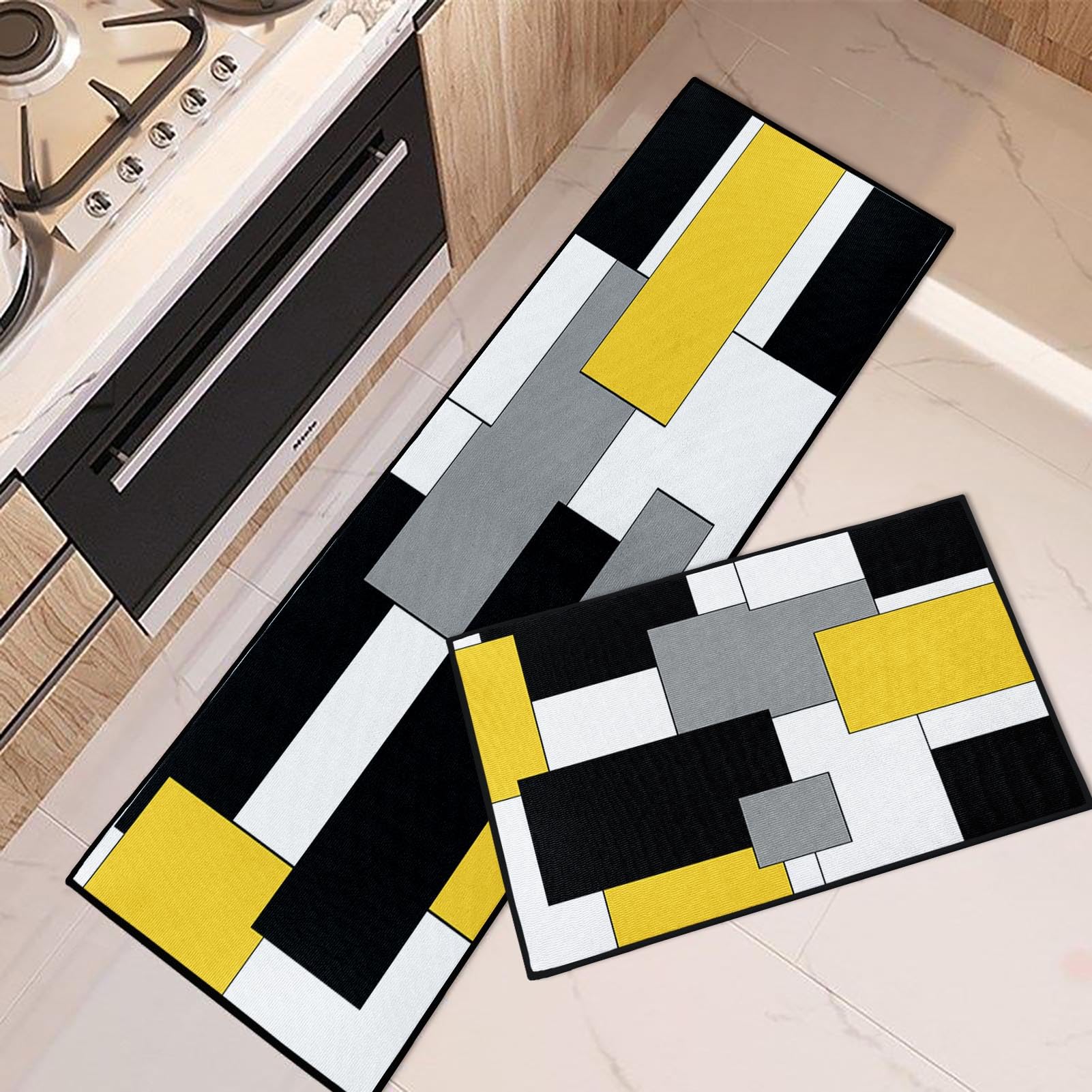 Blue Kitchen Rugs and Mats Non Skid Washable Set of 2, Grey White Modern Abstract Mats for Floor, Geometric Painting Runner Rug Graffiti Art Kitchen Decor