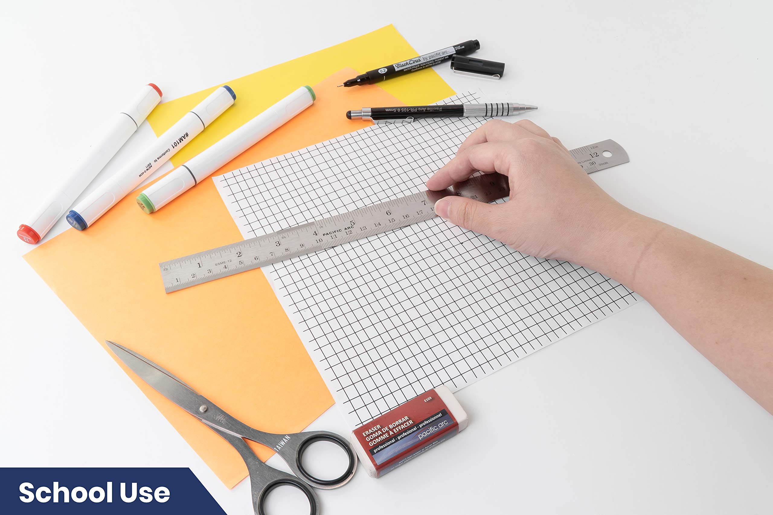 2 Pack Pacific Arc 12 Inch Stainless Steel Ruler with Inch/Metric Conversion Table