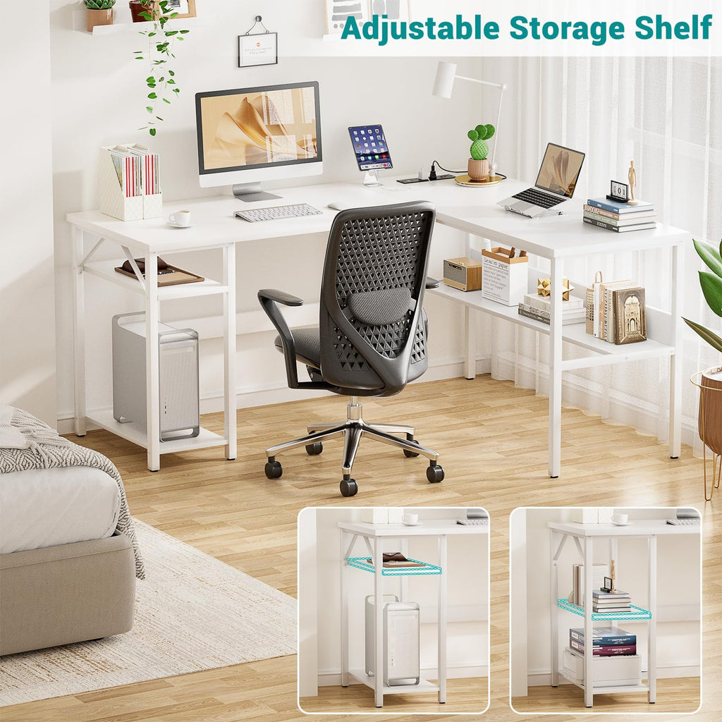Reversible L Shaped Gaming Desk with Power Outlets and USB Charging Ports, Sturdy Computer Desk with Storage Shelf, Modern Corner Desk Home Office Table, Easy to Assemble, Gray Oak