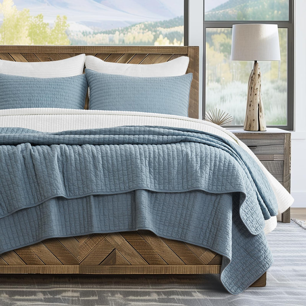 EVERGRACE Cotton Border Frame Tack-Stitch Quilt Bedding Set Queen Size, Coastal Oversized 3 Pieces Lightweight Bedspread Coverlet for All Season, with 2 Matching Shams, Blue Linen