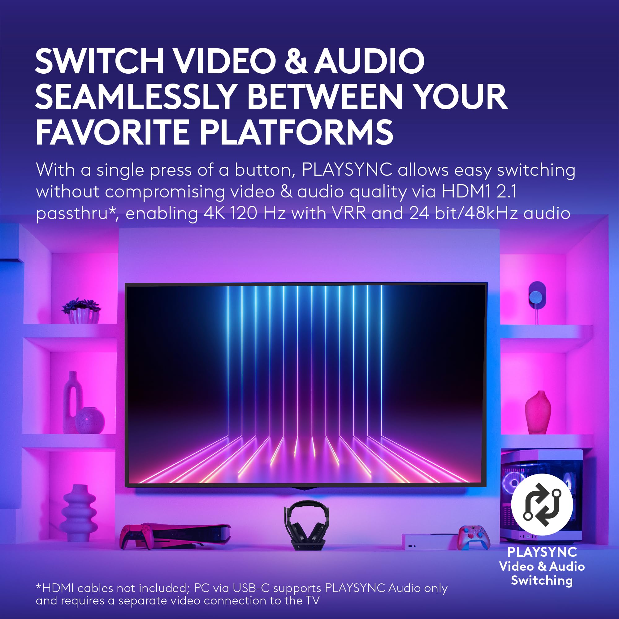Logitech G Astro A50 X Multi-Platform Wireless Gaming Headset + Base Station for PS5/Xbox/PC: PLAYSYNC Video & Audio Switcher, HDMI 2.1 4K 120Hz VRR, <24bit/48kHz, 24hr Battery, 2.4GHz & BT - Black
