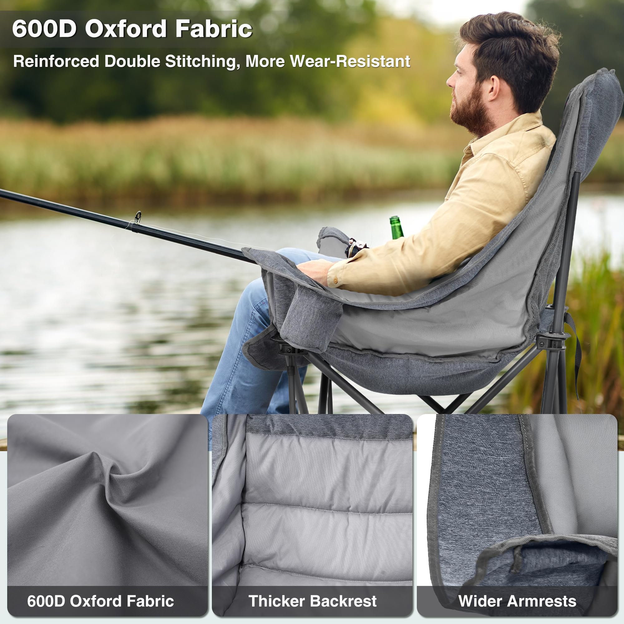 Double Camping Chair Heavy Duty Oversized Padded Loveseat for Adults 2 Person Outdoor Portable Camping Chairs for Lawn, Backyard, Fishing, Trip, Support 600lbs, Grey