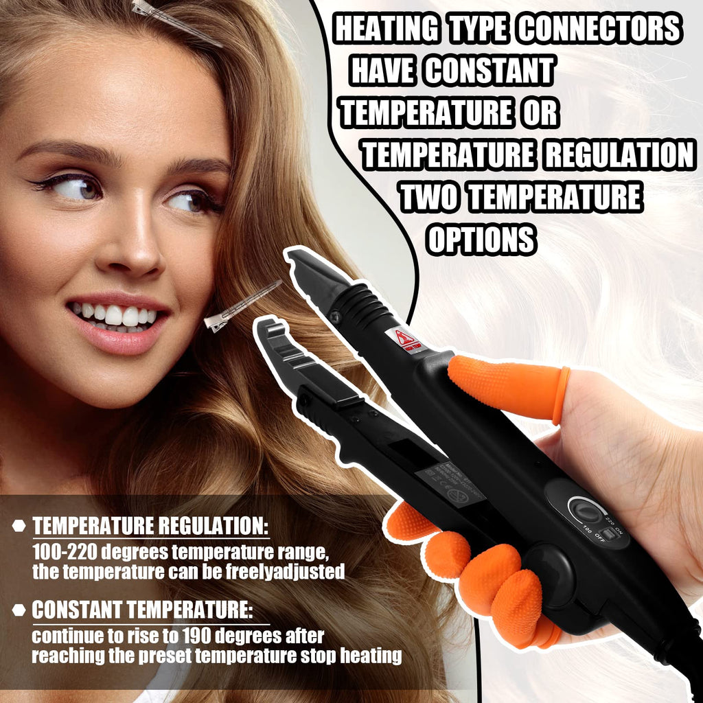 Hair Extensions Iron Fusion Keratin Hair Extensions Heat Tool Heat Connector Wand with Fusion Glue Protector Template Hair Clip Finger Protector 2 Bag Keratin Glue Granule Bead(Black)