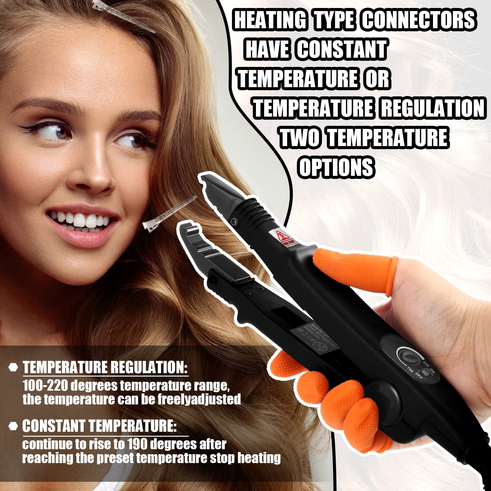 Hair Extensions Iron Fusion Keratin Hair Extensions Heat Tool Heat Connector Wand with Fusion Glue Protector Template Hair Clip Finger Protector 2 Bag Keratin Glue Granule Bead(Black)