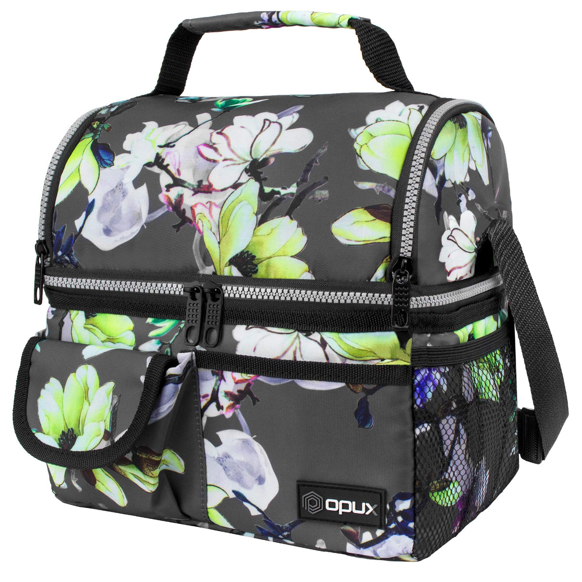 opux Insulated Lunch Bag Women Men, Dual Compartment Leakproof Lunch Box Adults Kids, Double Decker Meal Prep Bento Lunch Cooler Tote with Shoulder Strap for Work Office School Travel, Black