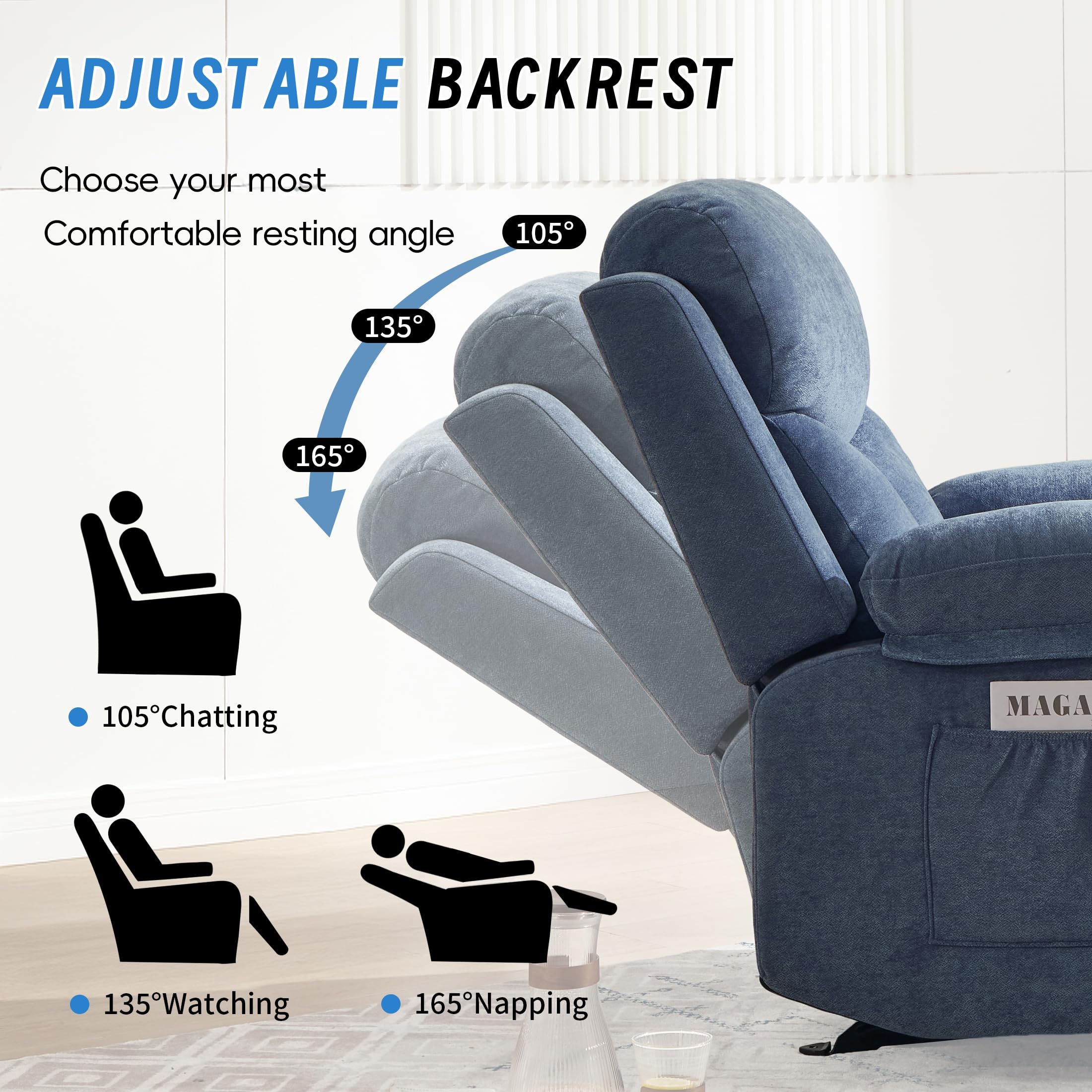 Manual Rocker Recliner Chair for Adults with Massage, Overstuffed Glider Rocking Chair with Cup Holders and Pockets for Living Room, Reclining Sofa Chair for Bedroom Nursery,Beige