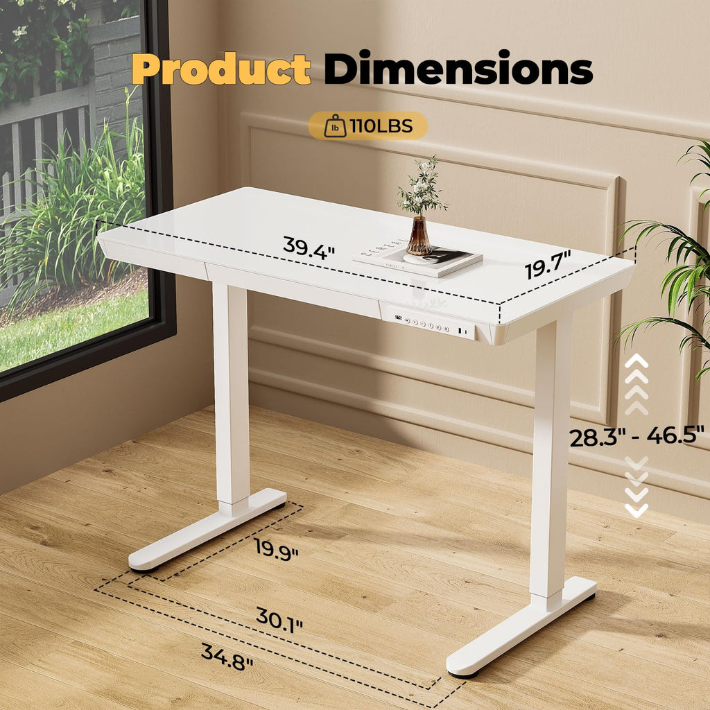 Glass Electric Standing Desk with Drawer, 35" x 20" Whole Piece Tabletop Samll Sit Stand Table, Height Adjustable Workstation with Storage & USB Ports, Quick Install Home Office Desk
