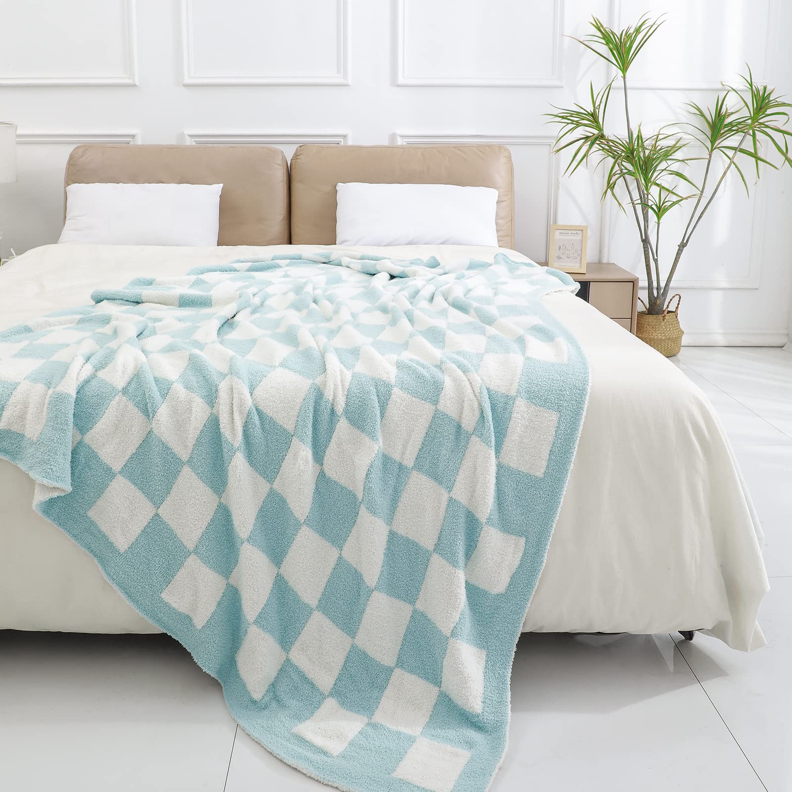 bearberry Fuzzy Checkerboard Grid Throw Blanket Soft Cozy Warm Microfiber All Season Blanket Decor for Couch Sofa Bed Travel Home (Avocado Green, 50''x60'')