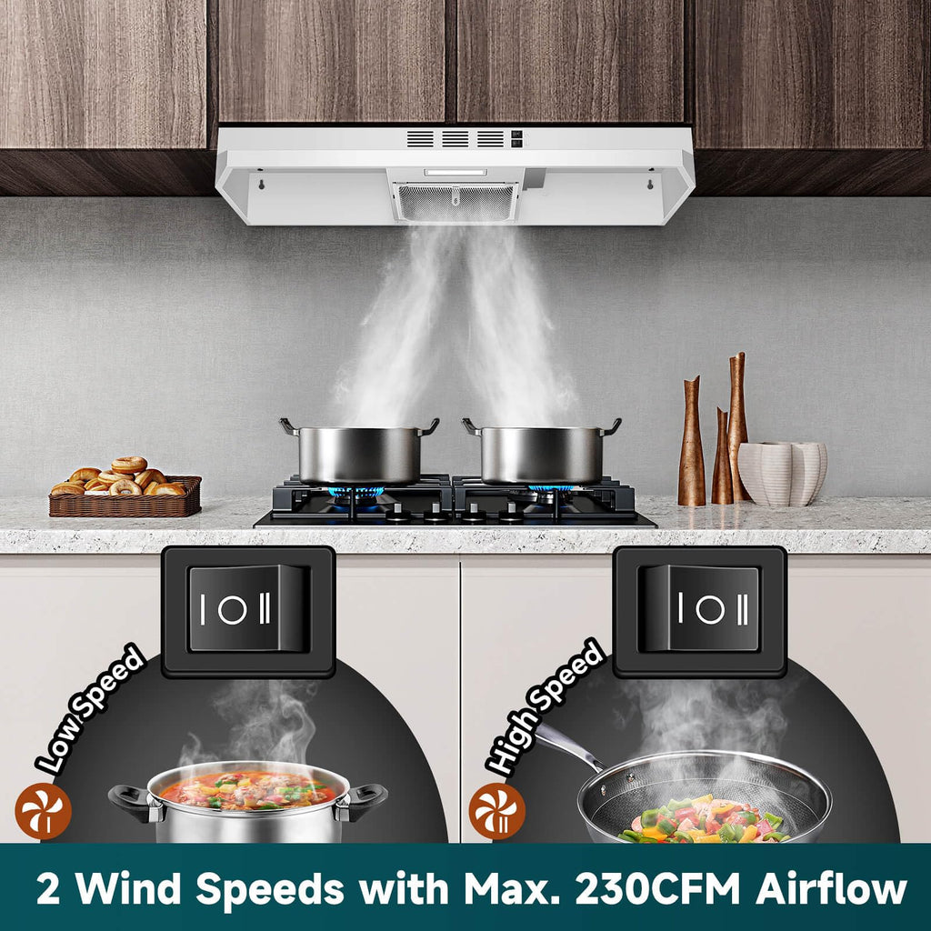 SNDOAS Black Range Hood 24 inch,Ducted/Ductless Range Hood Under Cabinet,Black Coating Stainless Kitchen Exhaust Hood with 2-speed Fan,230 CFM,Rocker Switch,Hard-wired Stove Vent, Ventless Hood