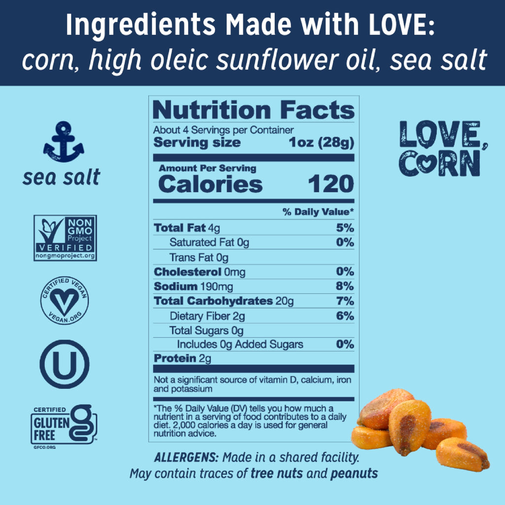 LOVE CORN Sea Salt – Crunchy Roasted Corn Snack, 3 Simple Ingredients, Gluten Free, Non-GMO, Zero Sugar, Vegan, Plant Based– Alternative to Chips, Nuts & Crackers – Office & On-the-Go Snacks – 4oz