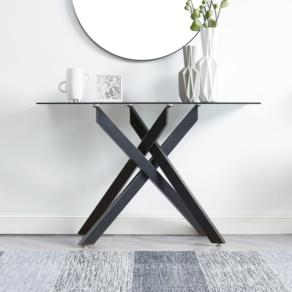Edwin's Choice Black Glass Console Table Narrow Sofa Table with Grey Tempered Glass Top and Black Metal Tubular Legs with Gold Rim, 45”Lx18”Wx30”H