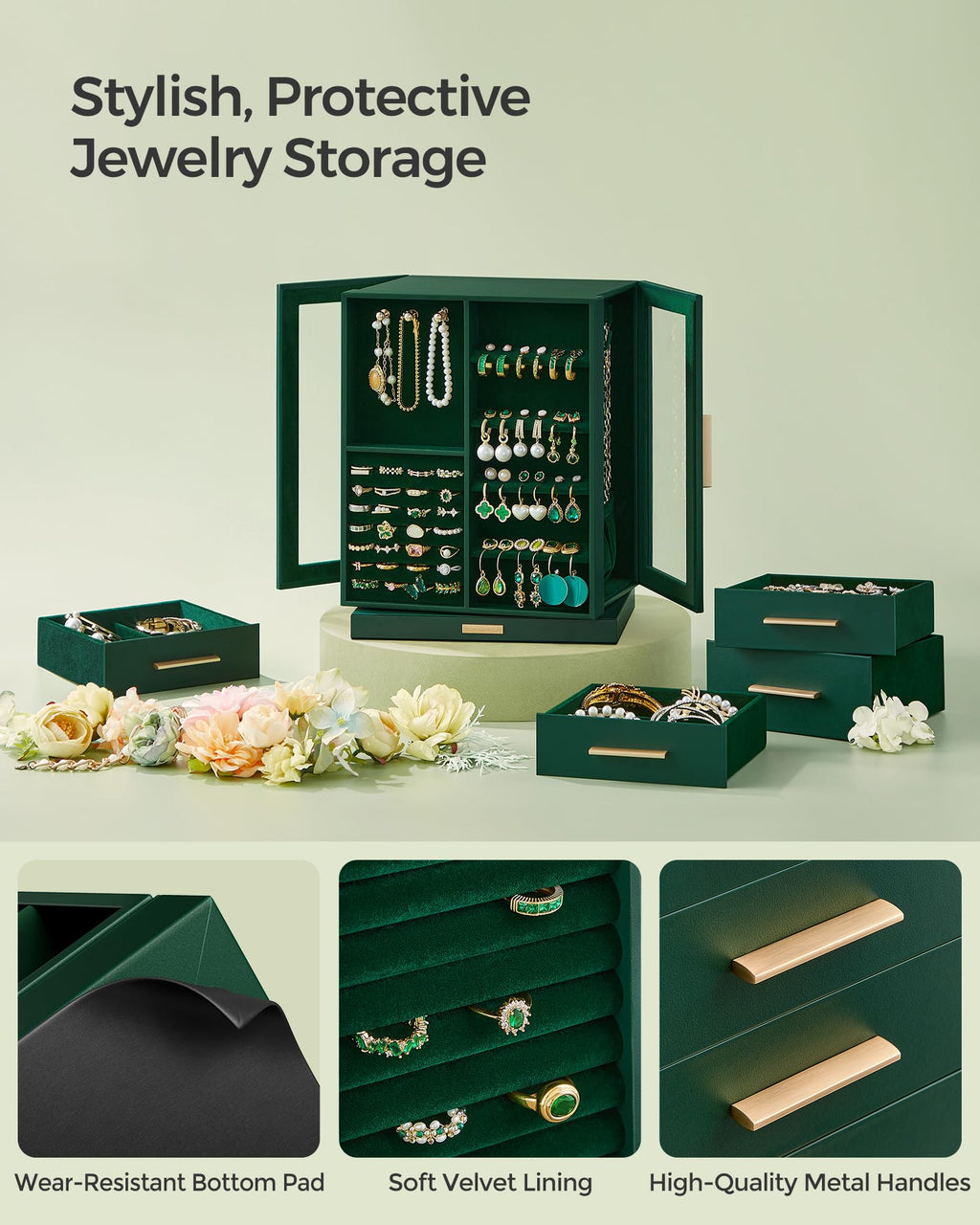 SONGMICS GISELLA Collection - Jewelry Box Organizer 360° Rotating, Vertical Jewelry Storage Case with 5 Drawers, Glass Window, Spacious, Open Design, Great Gift, Cloud White UJBC170W01