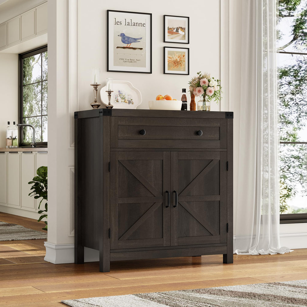 HOSTACK Coffee Bar Cabinet, Kitchen Storage Cabinet, Modern Farmhouse Buffet Sideboard with Drawer and Adjustable Shelf, Barn Door Accent Cabinets for Kitchen, Dining Room, Entryway, Ash Grey