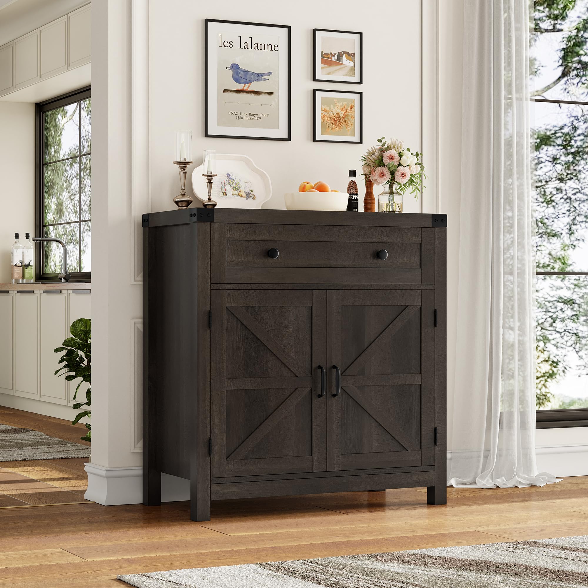 HOSTACK Coffee Bar Cabinet, Kitchen Storage Cabinet, Modern Farmhouse Buffet Sideboard with Drawer and Adjustable Shelf, Barn Door Accent Cabinets for Kitchen, Dining Room, Entryway, Ash Grey