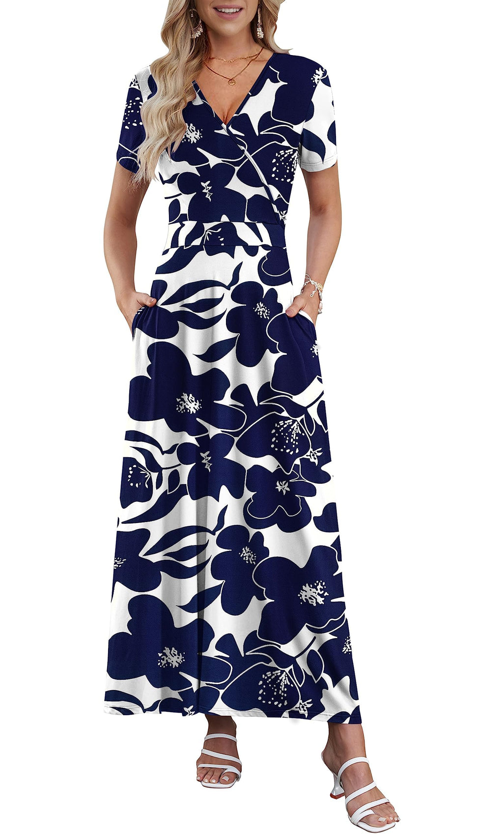 AUSELILY Maxi Dresses for Women Ankle Length Floral Print Beach Long Flowy Dress with Pockets