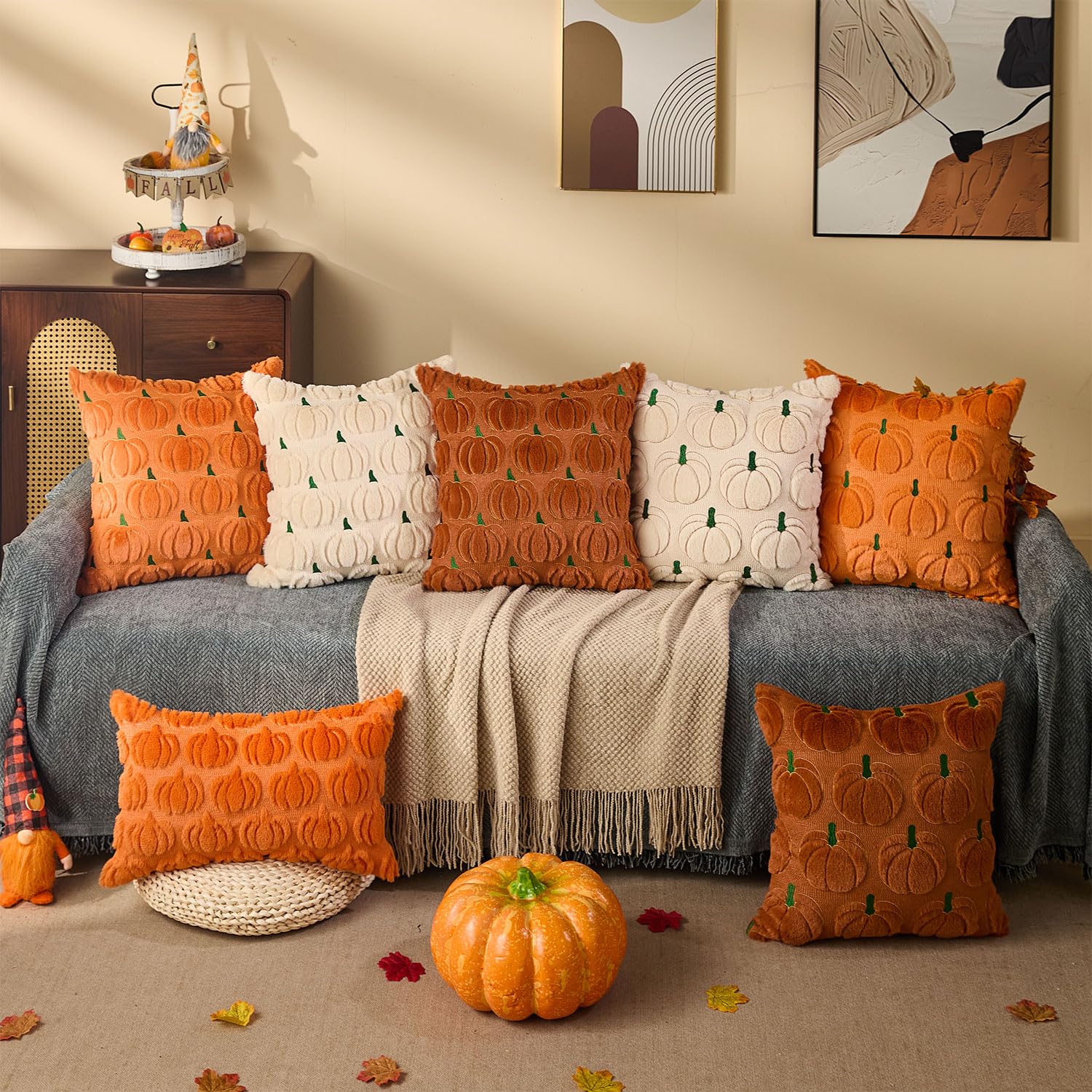 DFXSZ Fall Pillow Covers 16x16 Set of 2 Fall Decorations Autumn Beige Pumpkin Throw Pillow Cases Soft Plush Faux Fur Wool Couch Cushion Case for Chair Sofa Bedroom Living Room Home Decor PTK02B16