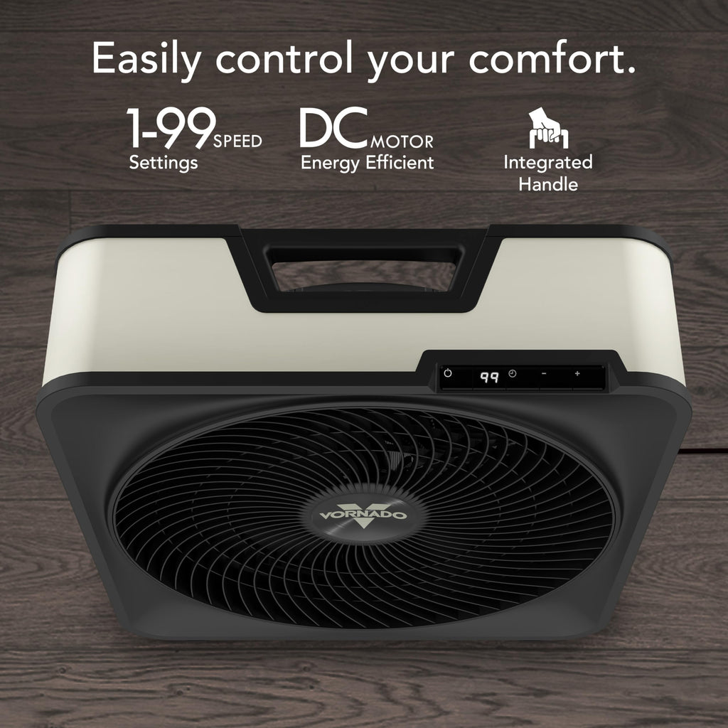 Vornado Model 80 High Velocity Electric Box Fan with Removable Grille, 5 Speed Settings, Powerful Airflow, Whole Room Air Circulation, Targeted Cooling, Cord Storage, Durable Floor Fan, Ice White