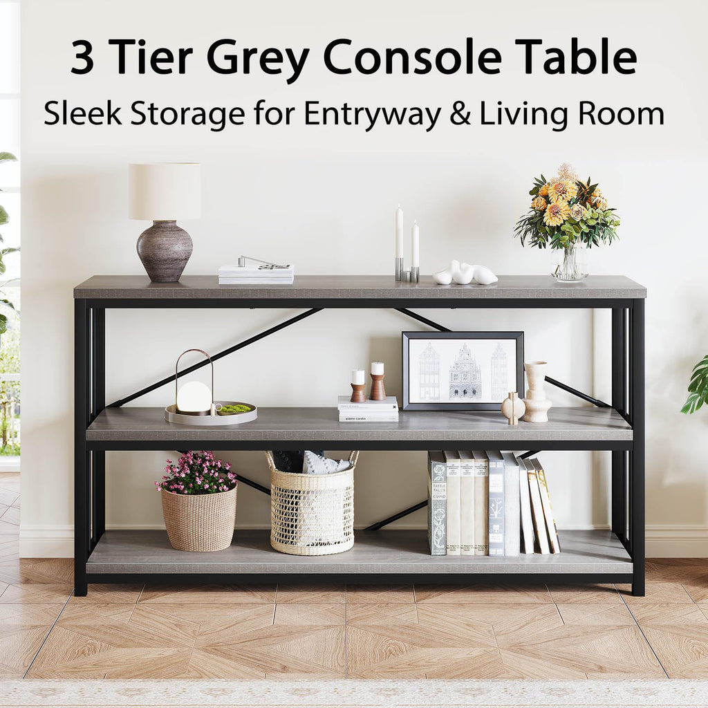LVB Black Console Table, Modern Entryway Table for Hallway Living Room, Industrial Sofa Table Behind Couch, Farmhouse Wooden Metal Entry Table for Foyer with 3-Tier Storage Shelves, Black Oak, 55 Inch