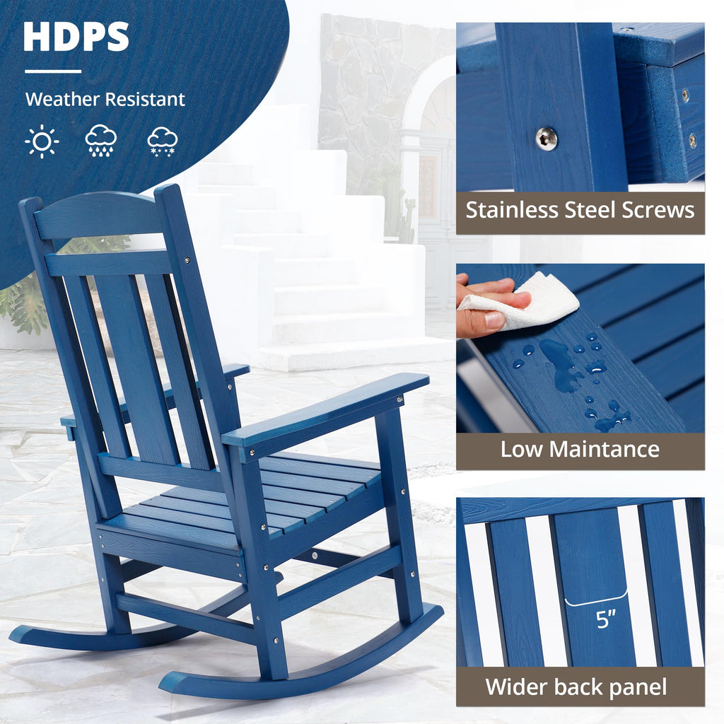 LUE BONA Rocking Chair Outdoor, Weather Resistant HDPS Plastic Rocker Chairs, 350lb Heavy Duty, Oversized Porch Rocker for Adult, High Back Smooth Rocking Chairs for Outdoor & Indoor, Aruba Blue