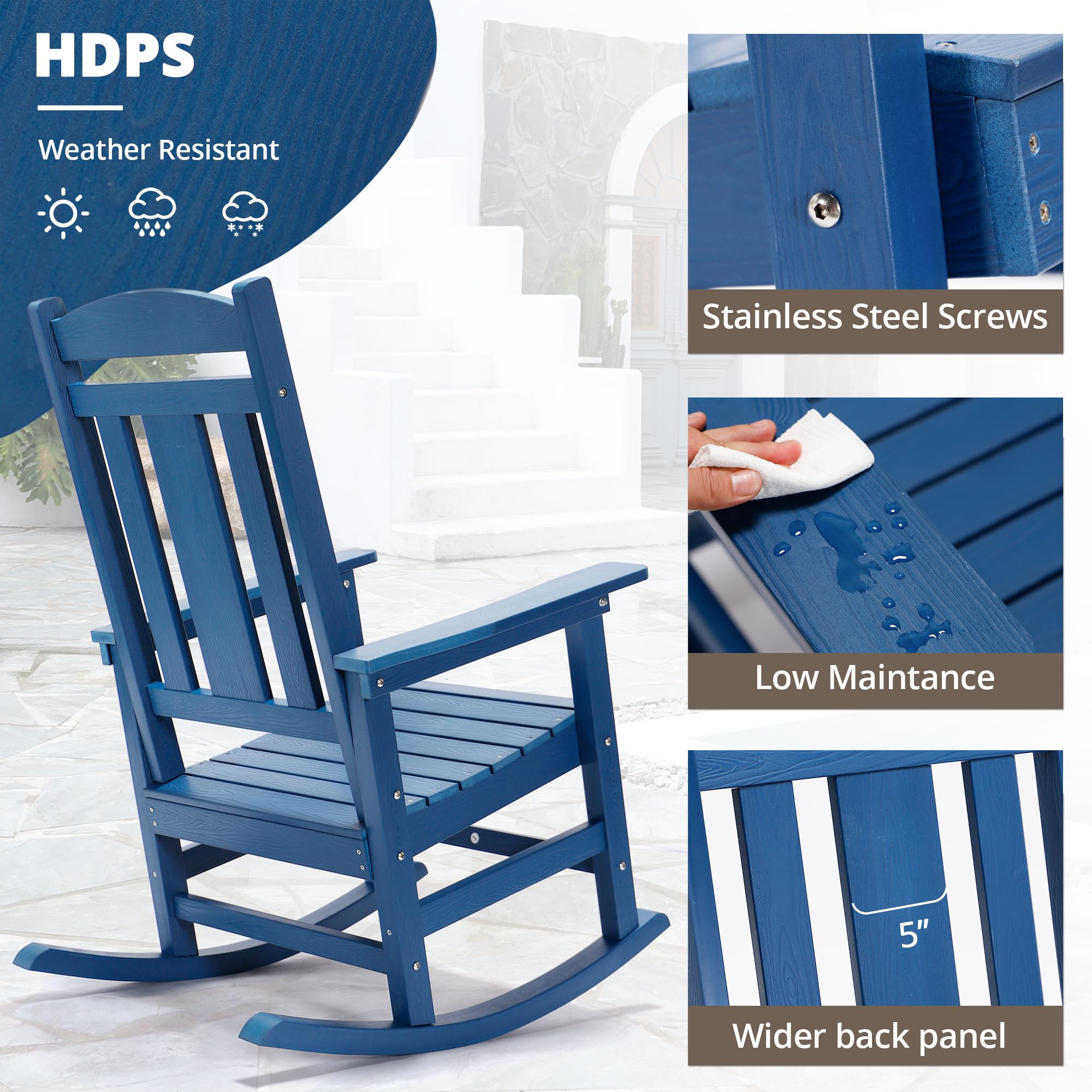 LUE BONA Rocking Chair Outdoor, Weather Resistant HDPS Plastic Rocker Chairs, 350lb Heavy Duty, Oversized Porch Rocker for Adult, High Back Smooth Rocking Chairs for Outdoor & Indoor, Aruba Blue