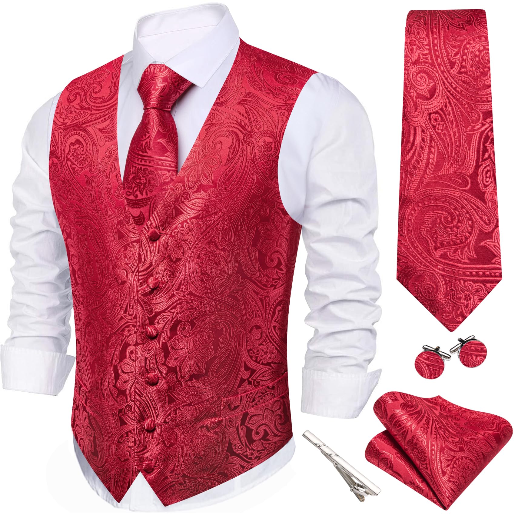 Barry.Wang Men's Suit Vest Formal/Leisure Paisley Jacquard Silk Tie Pocket Square Waistcoat Set Wedding 5PCS