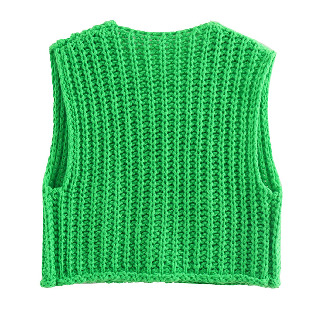 KEOMUD Women's Sleeveless Cropped Knit Cardigan Casual Button Down Crochet Sweater Vest Tops with Pockets
