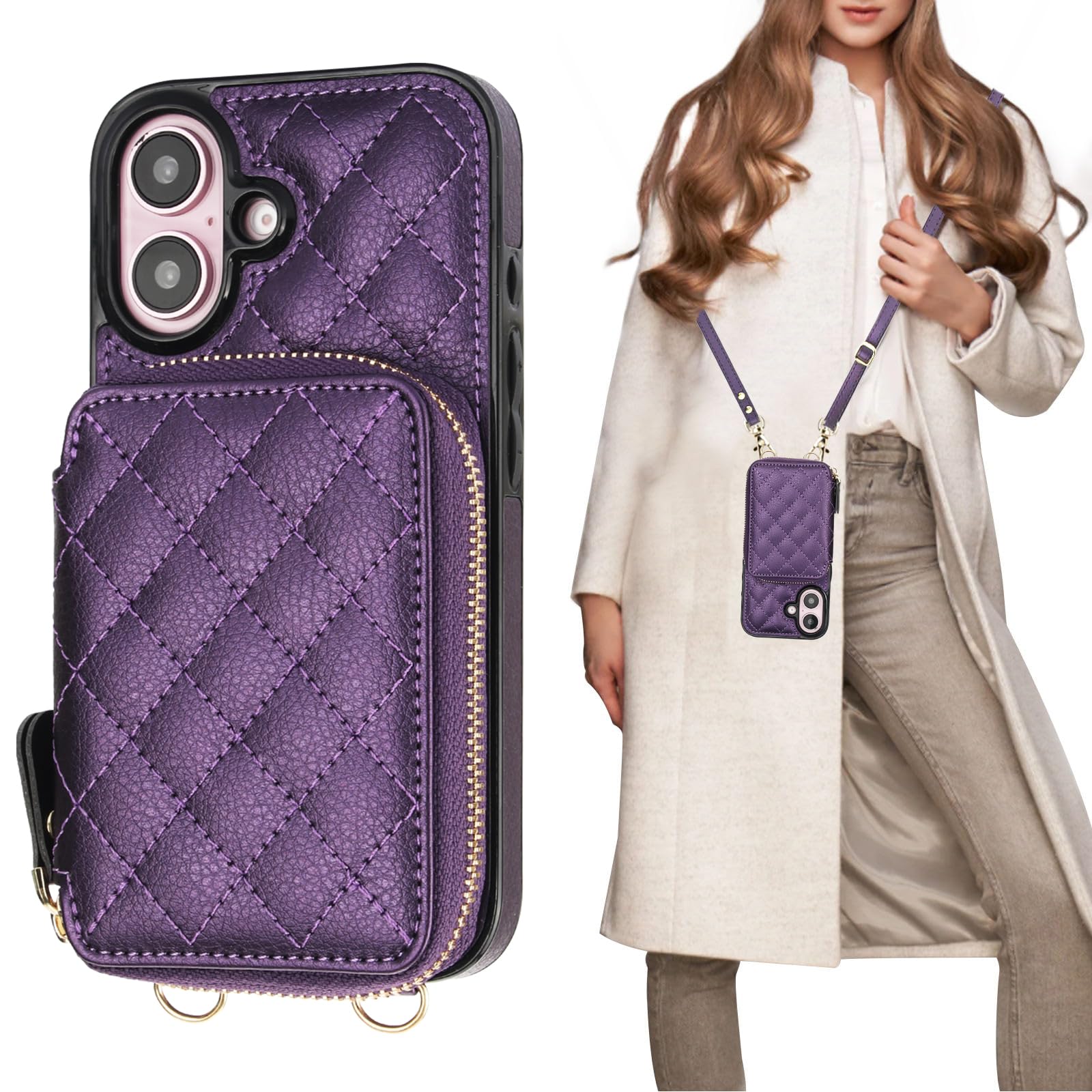 Bocasal Crossbody Wallet Case for iPhone 16, RFID Blocking PU Leather Zipper Handbag Purse Flip Cover, Kickstand Folio Case with Card Slots Holder Wrist Strap Lanyard 5G 6.1 Inch (Black)