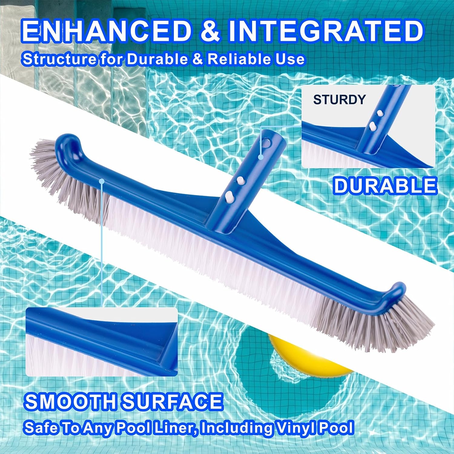 POOLAZA Pool Brush, 17.5'' Pool Brush Head for Inground Pools & Above-Ground Pools, Durable Pool Scrub Brush Fit Standard Pool Pole, Enhanced Pool Brushes for Cleaning Pool Walls with Curved Ends