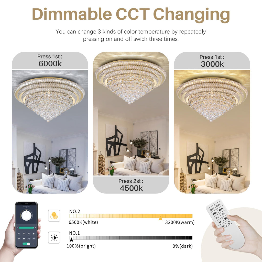 COCOSTAR 20" Gold Crystal Chandeliers, Flush Mount Chandelier LED Ceiling Light, Modern Crystal Raindrop Chandeliers for Dining Room, Living Room, Bedroom