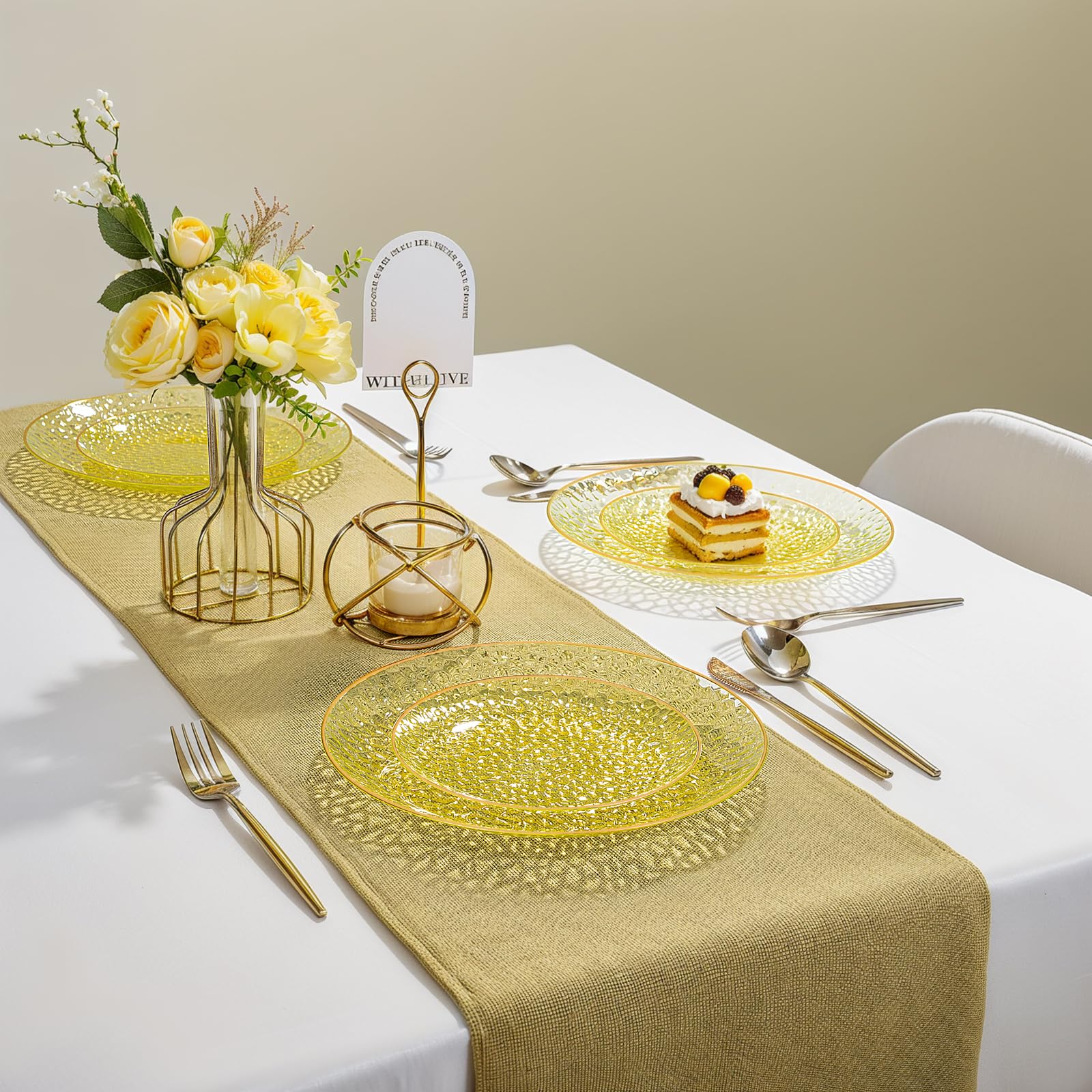 Rubtlamp 100Pcs Amber Gold Plastic Plates, Disposable Plates With Gold Rim, Heavy-duty Party Platos, Hammered Plastic Plates Include 50 Clear Dessert Plates, 50 Dinner Plates for Party