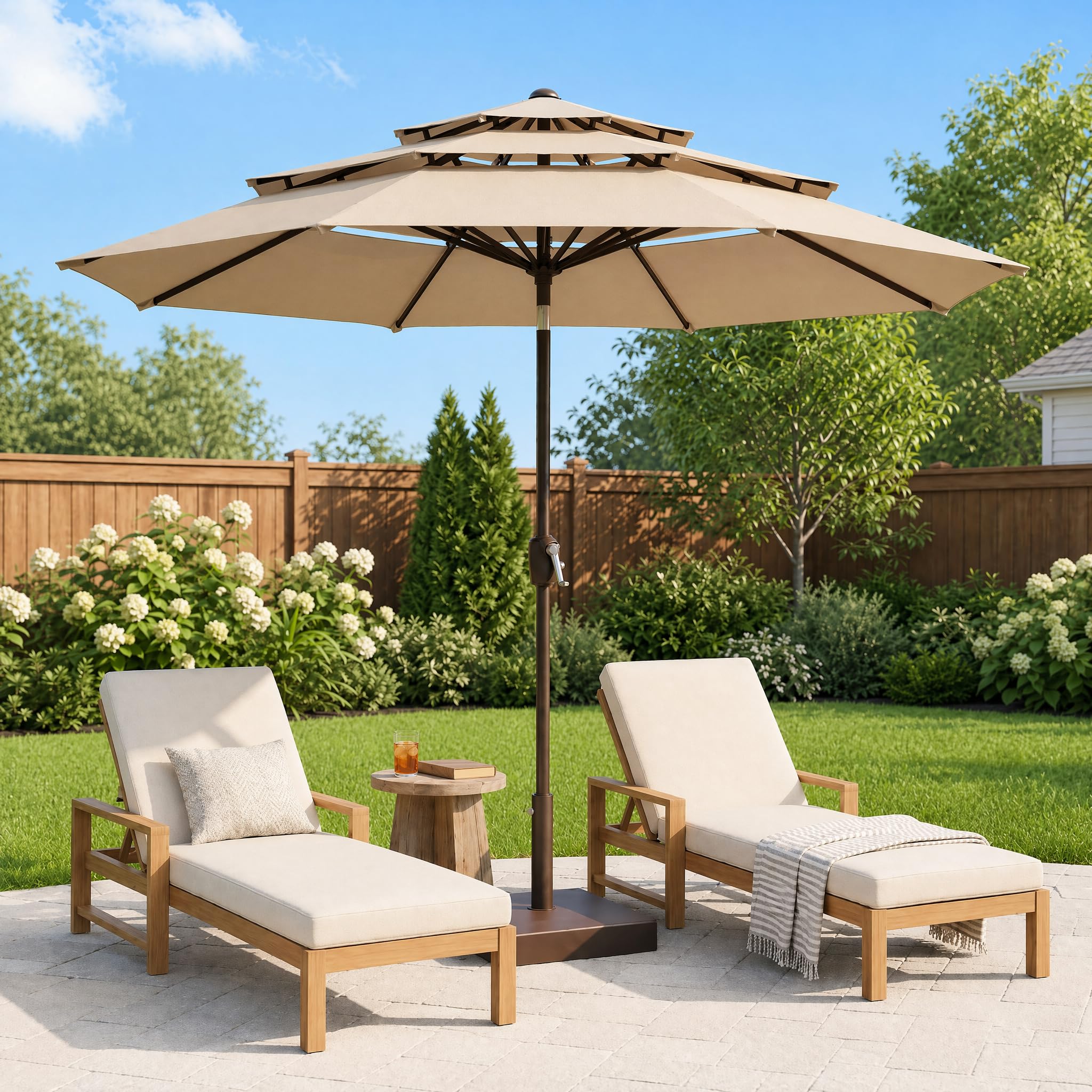 ONBRILL 10 FT Patio Umbrella, 3 Tier Outdoor Table Umbrella with 8 Sturdy Glass Fiber Ribs and Push Button Tilt, Outdoor Patio Umbrellas for Market Pool Garden Backyard, 1.5" Pole, Blue (No Base)