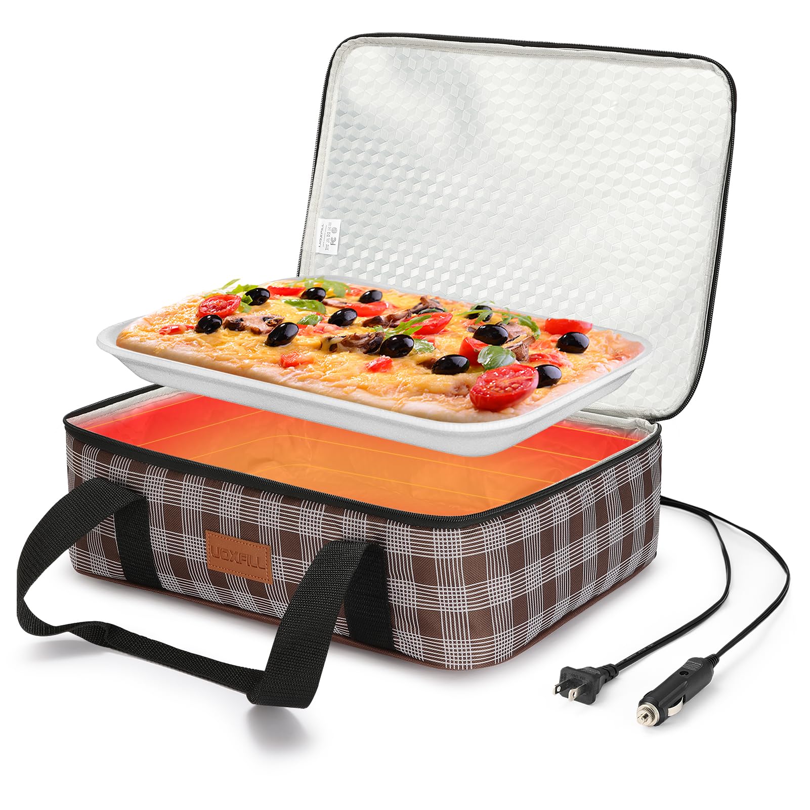 Food Warmer Electric Casserole Carrier - Large Heated Lunch Bag for Car Truck, 12V/24V/110V, Thermos for hot food for Potluck Cookouts Parties Picnic,Lasagna Lugger,Fits 9"x13" Baking Pan (Beige)