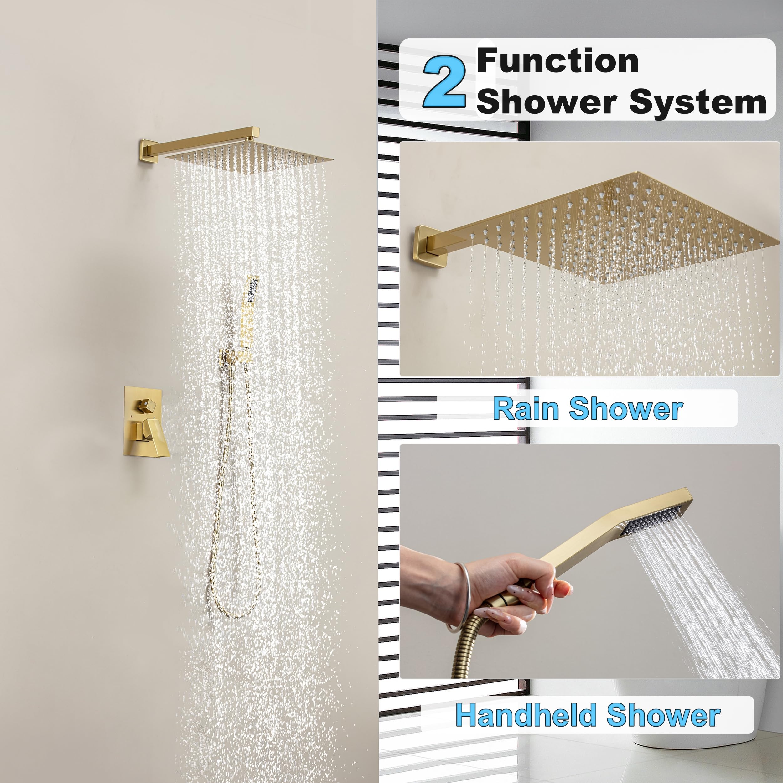 Brushed Gold Shower System with 10-Inch Rain Showerhead and Tub Spout | cUPC-certified pressure balance brass valve to prevent scalding, CEC-certified air injection technology for low pressure