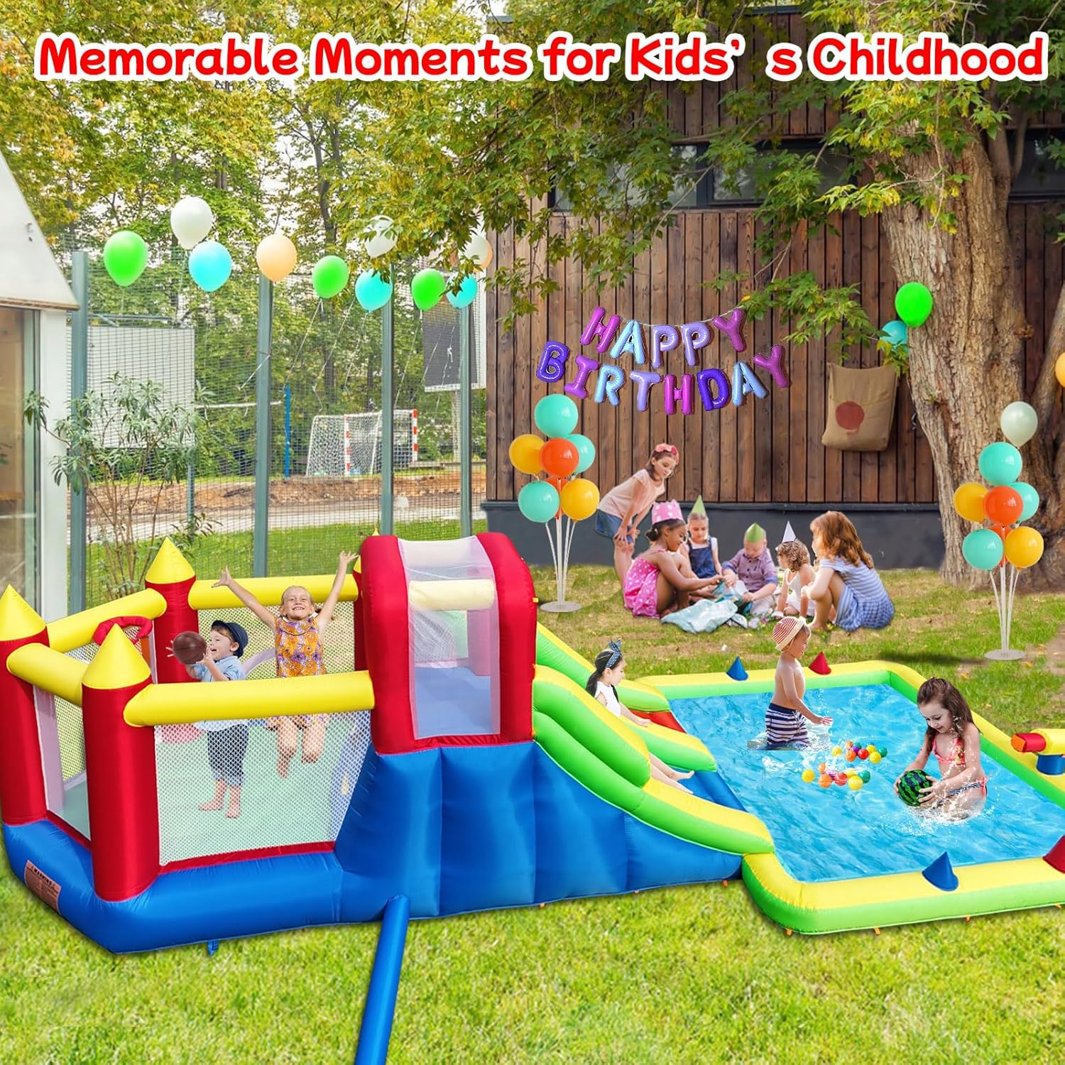 Umbalir 10-in-1 Inflatable Water Park - Giant Bounce House with 2 Water Slides, Big Splash Pool, Water Cannons, Climbing Wall, Tunnels & Obstacle Course for Endless Fun