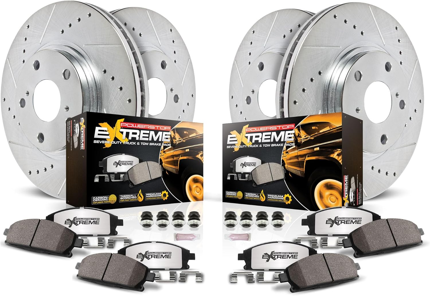 PowerStop Front & Rear Brake Kit For Chrysler Aspen 2007-09 |Dodge Durango 2007-09 |Ram 1500 2006-18 - Truck & Tow Carbon Fiber Ceramic Brake Pads + Drilled & Slotted Rotors Upgrade, K2164-36