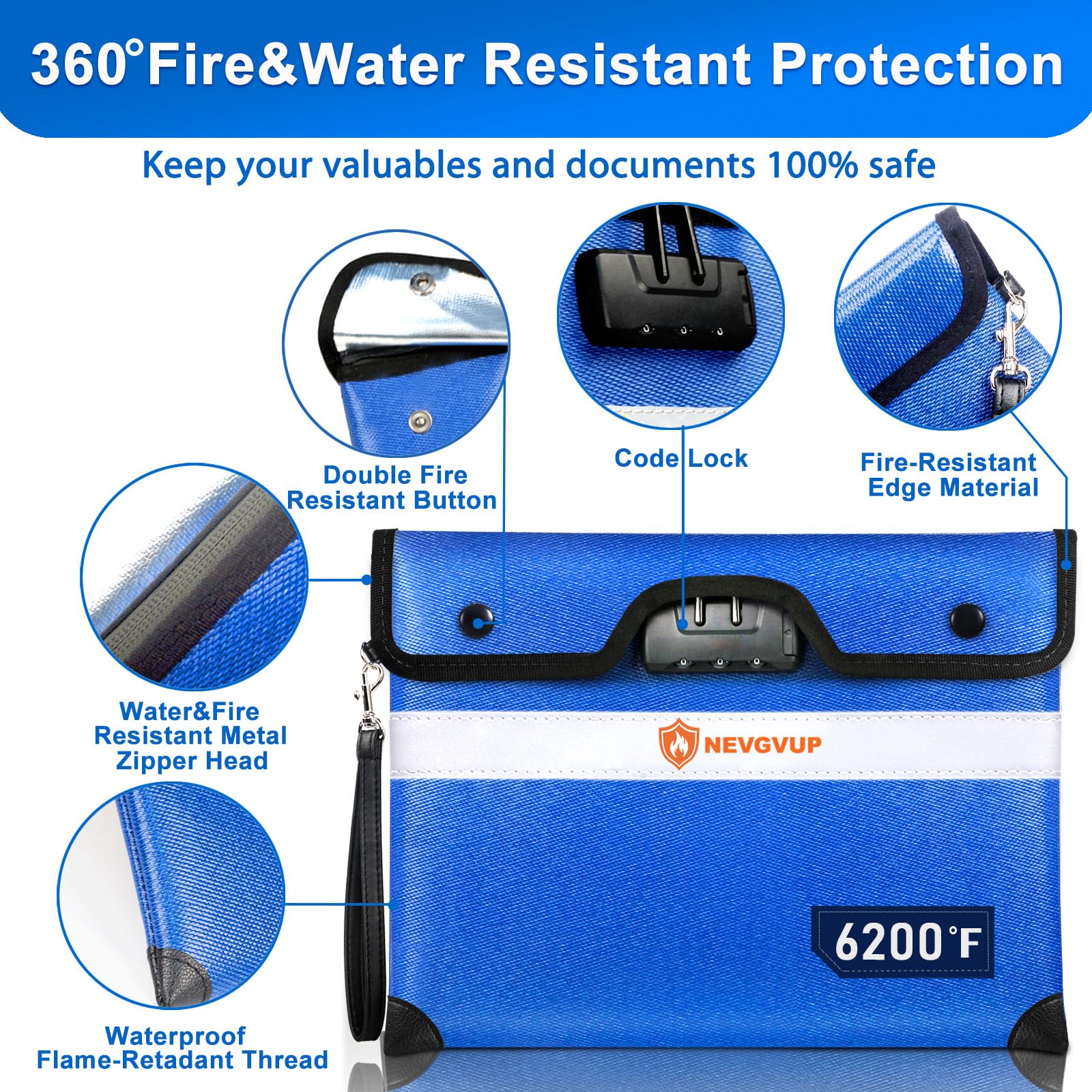 Fireproof Money Bag 4200°F - Heat Insulated, 9.8 x 6.5" Small Fireproof Document Bags with Waterproof Zipper, Fire proof Bag with Reflective Strip and Fireproofs Edeging, Fire Pouch Set for Valuables