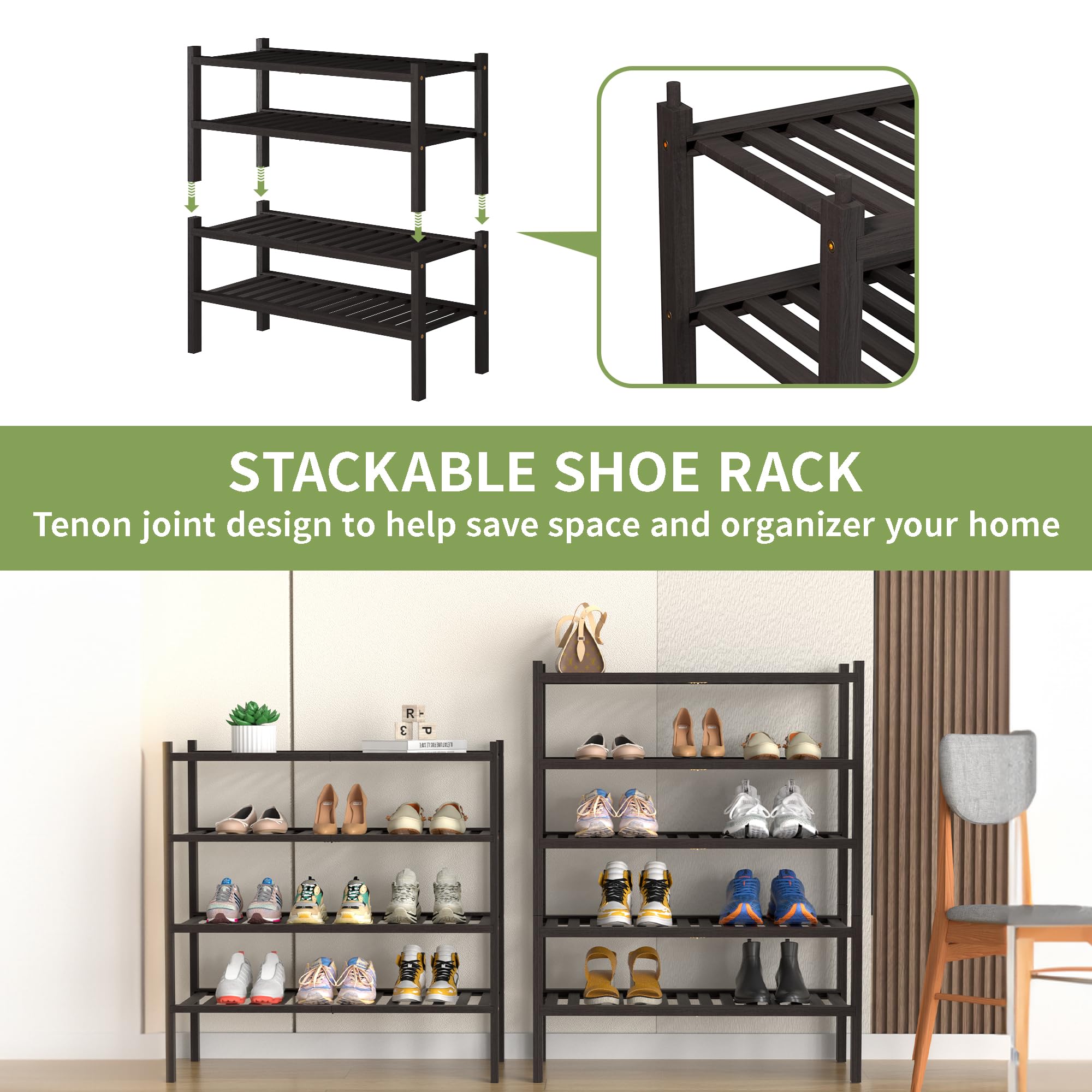 ROMGUAR CRAFT 2-Tier Bamboo Long Shoe Rack, Free Standing Wood Shoe Shelf Storage Organizer for Closet Entryway Stackable 35"x11"x13" (Black)