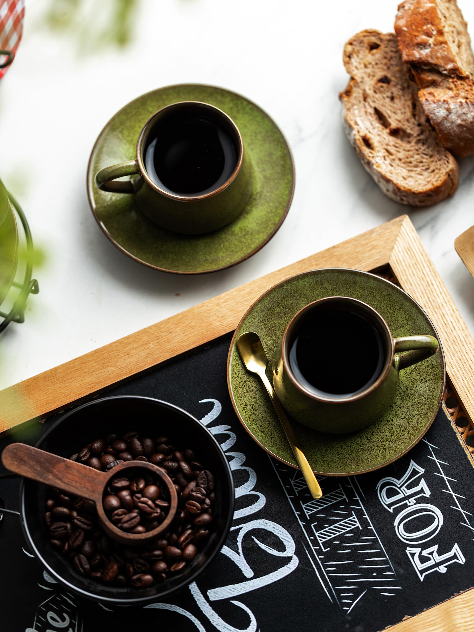 YHOSSEUN Ceramic Espresso Cups Set of 6, 4 OZ Expresso Shots Cup with Stand, Saucers & Spoons, Small Coffee Cup Demitasse Cups for Father's Day, Espresso Accessories for Machine, Black