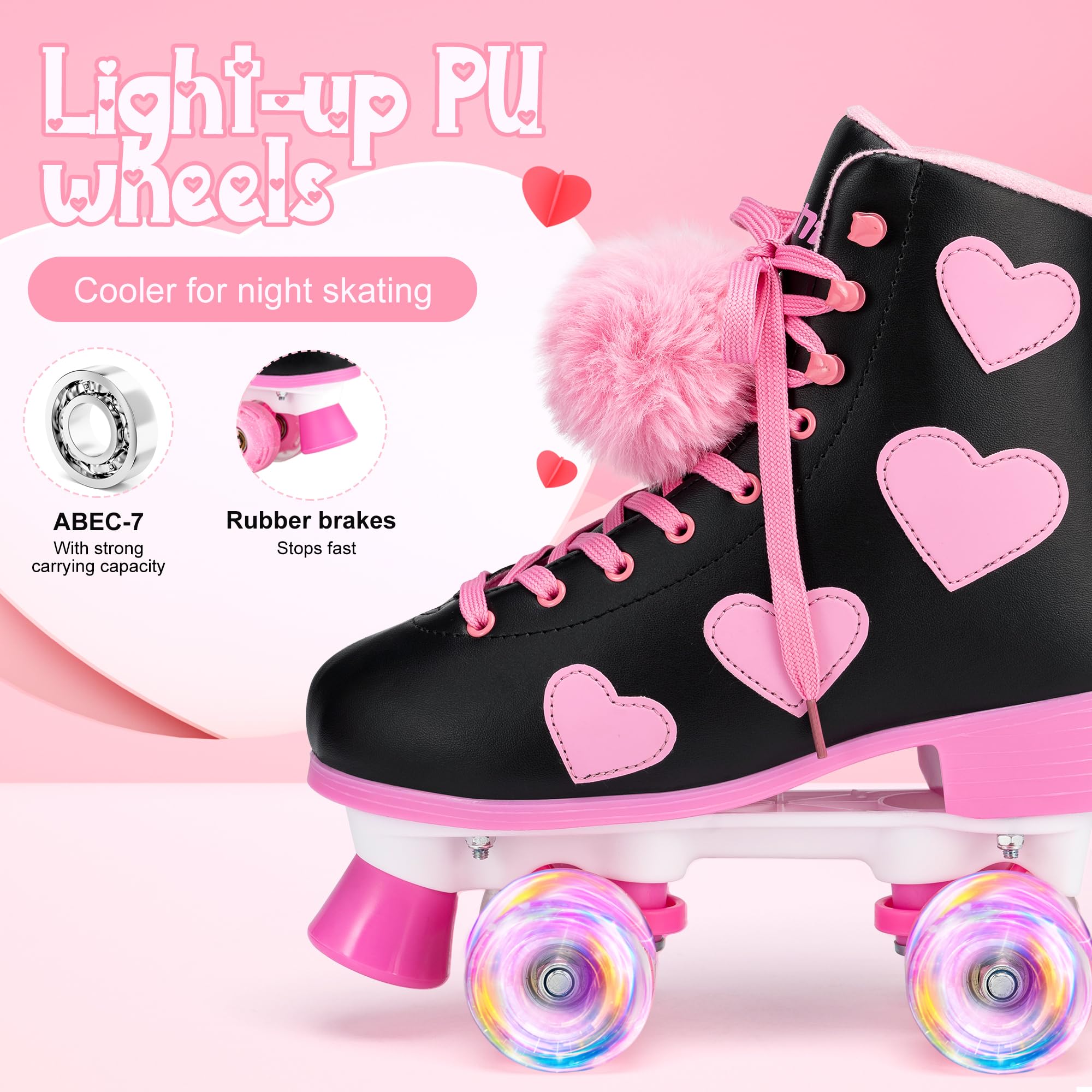 Ruthfot Women's and Girl's Classic Roller Skates with Light up Wheels and Love Heart Pattern, High-top PU Leather Rollerskates…