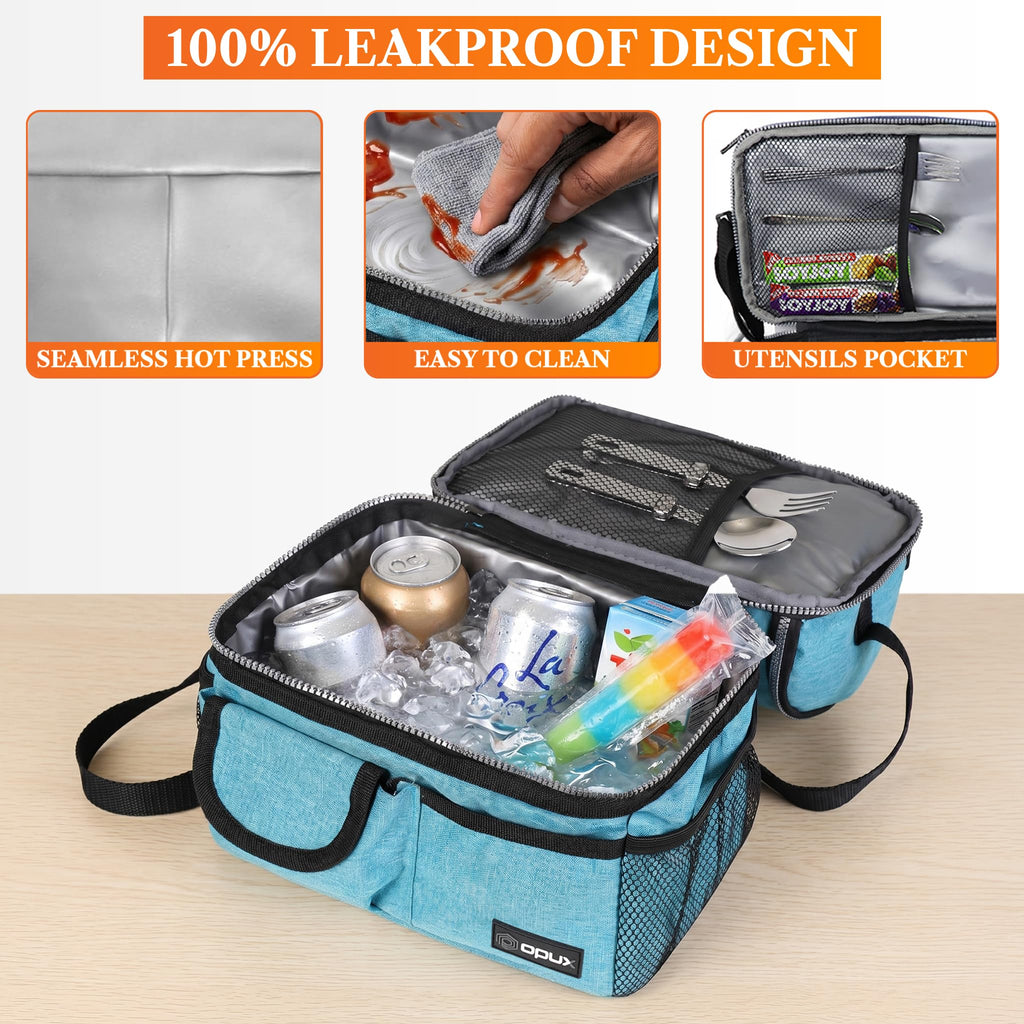opux Insulated Lunch Bag Women Men, Dual Compartment Leakproof Lunch Box Adults Kids, Double Decker Meal Prep Bento Lunch Cooler Tote with Shoulder Strap for Work Office School Travel, Black