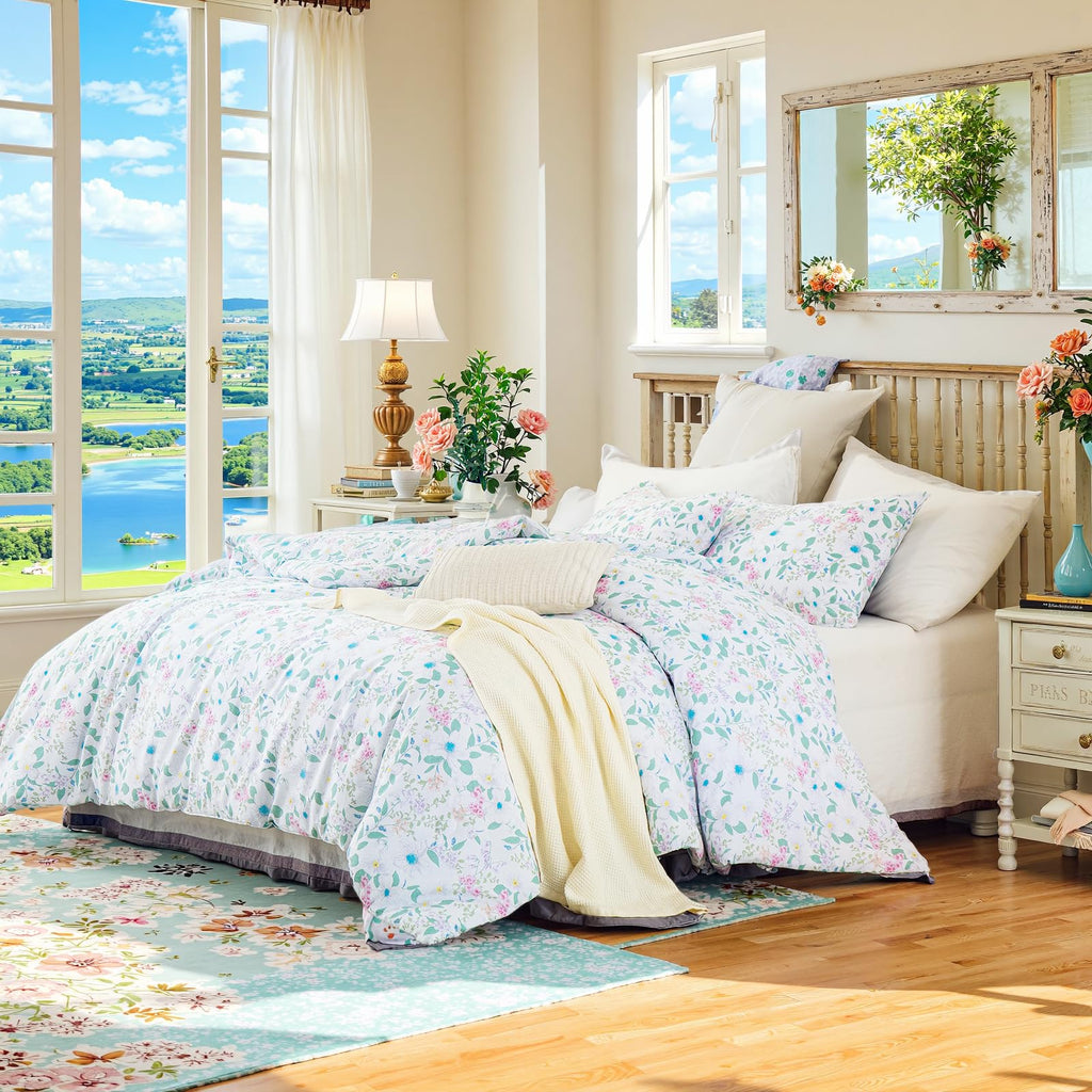 100% Natural Cotton Comforter Set Queen 3 Pcs Grayish Blue Bedding Sets with Luxurious Damask Pattern, Reversible Breathable Soft Comforter Sets for All Season