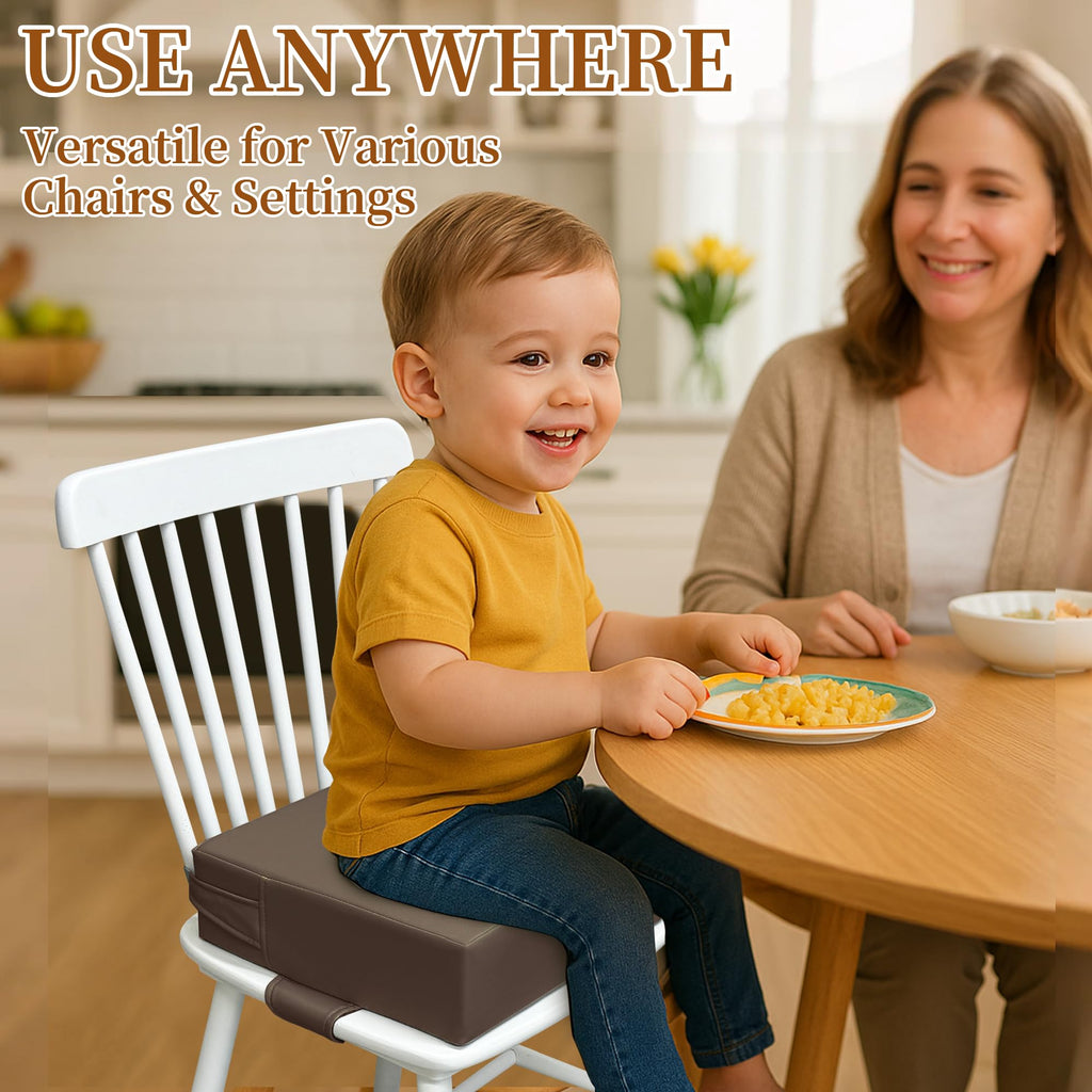 Toddler Booster Seat for Dining Table – PU Washable Cushion with Double Safe Straps, Non-Slip Bottom, Portable Travel Booster Seat for Toddlers (Dark Brown)